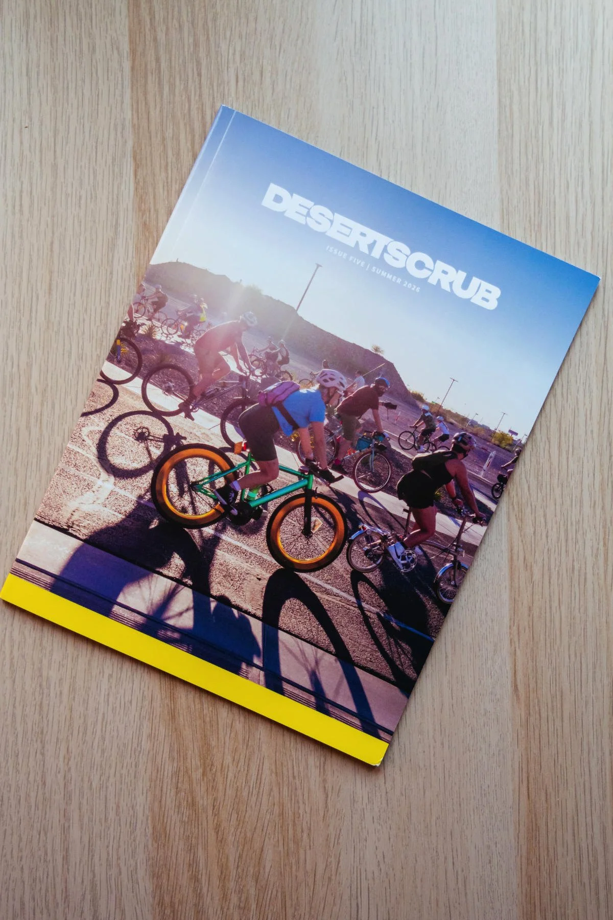 An overhead photo of a magazine on a table.