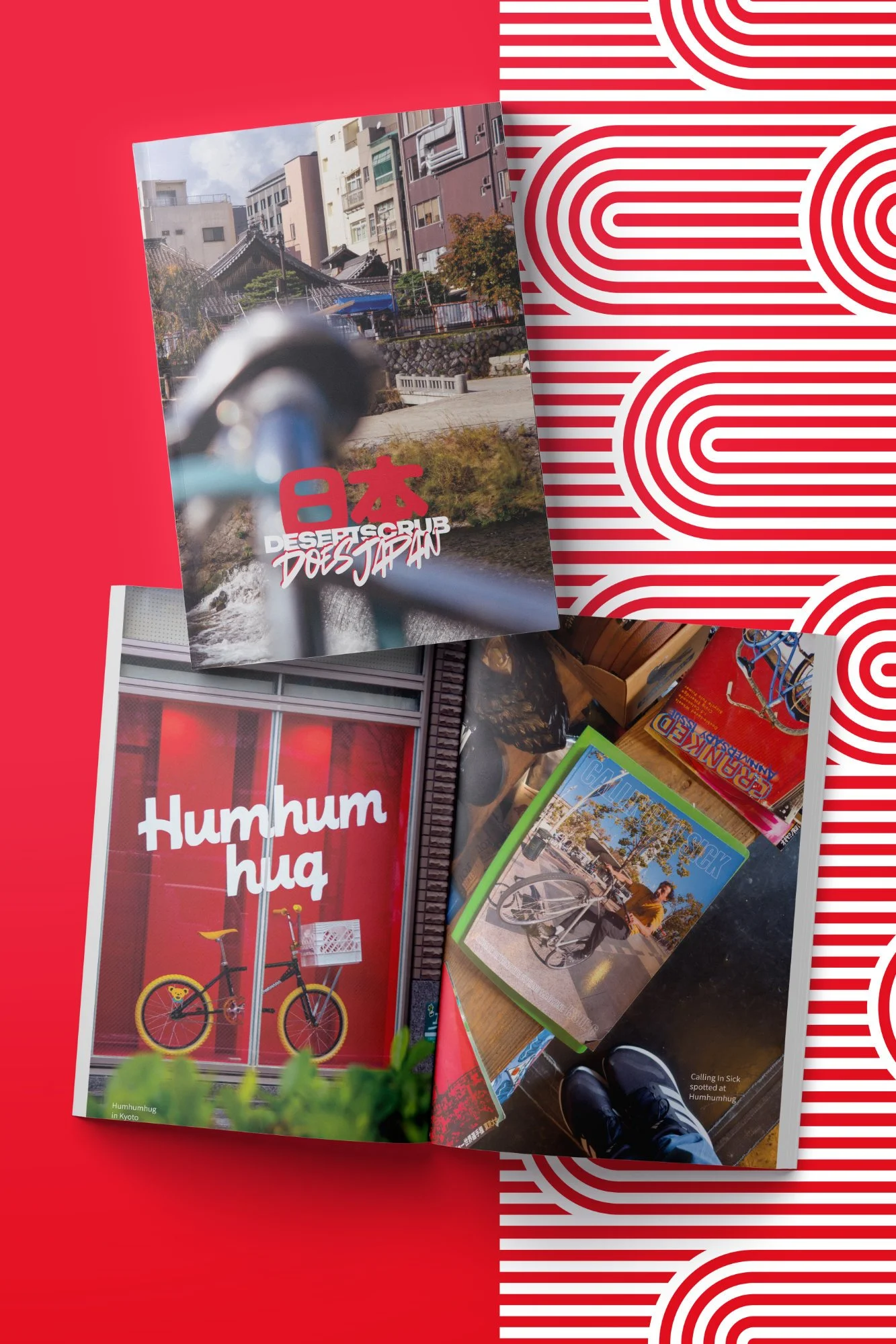 Overhead view of magazine cover and opened spread