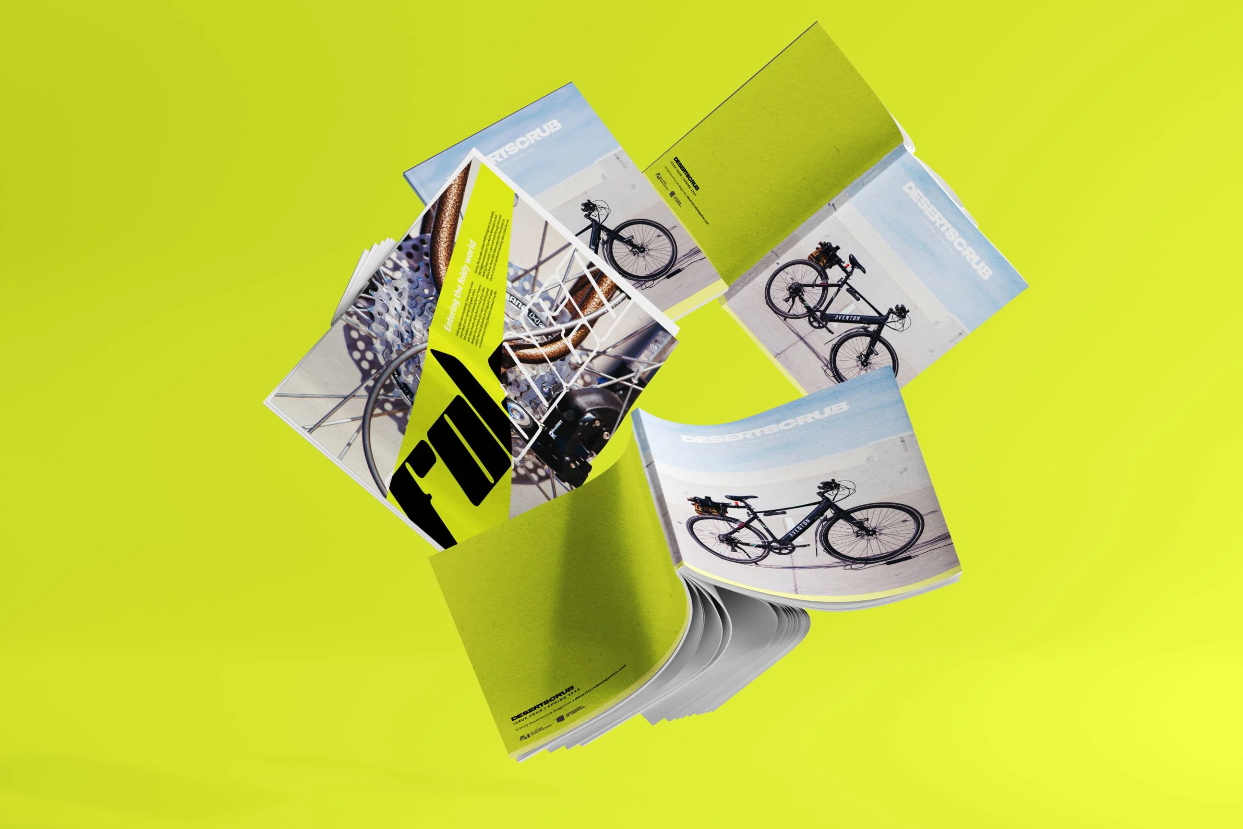 Magazines falling from the sky with bicycles in the artwork