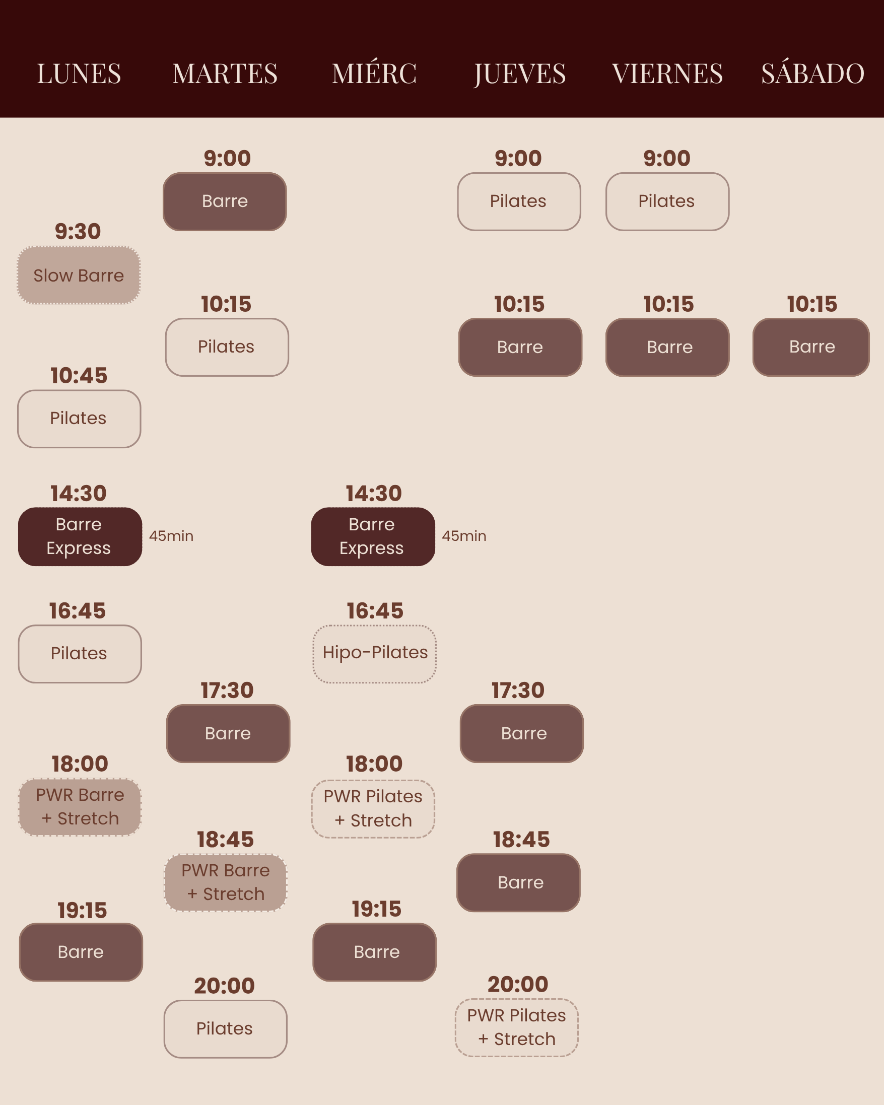 Calendario semanal con clases de Pilates, Barre, Stretch y PWR. Las clases están programadas en diferentes horarios de lunes a sábado, en colores marrón y beige.