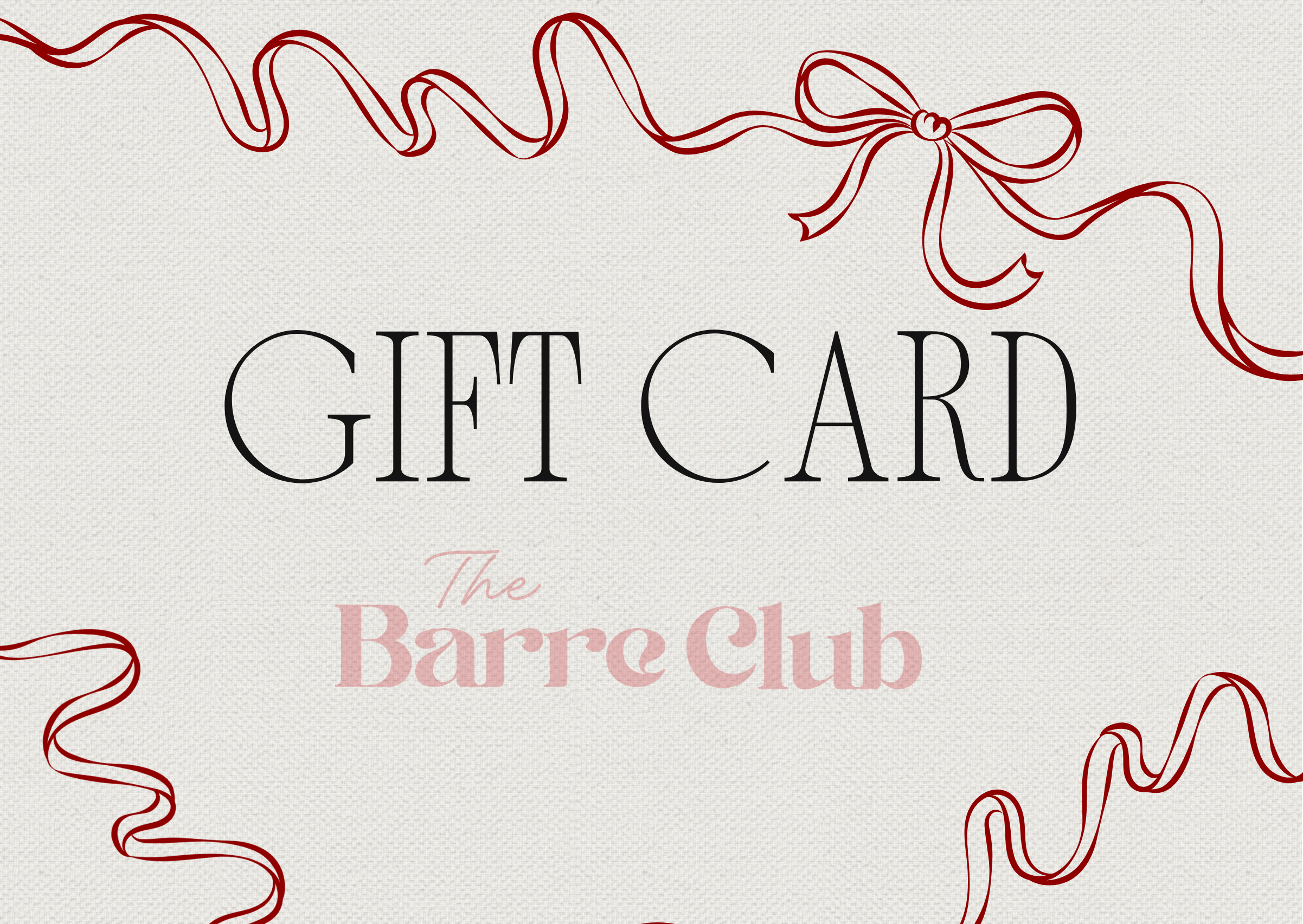 Tarjeta de regalo con decoraciones de lazo y línea en tonos burdeos y negro, con texto en letras grandes 'Gift Card' y otros en letras pequeñas.