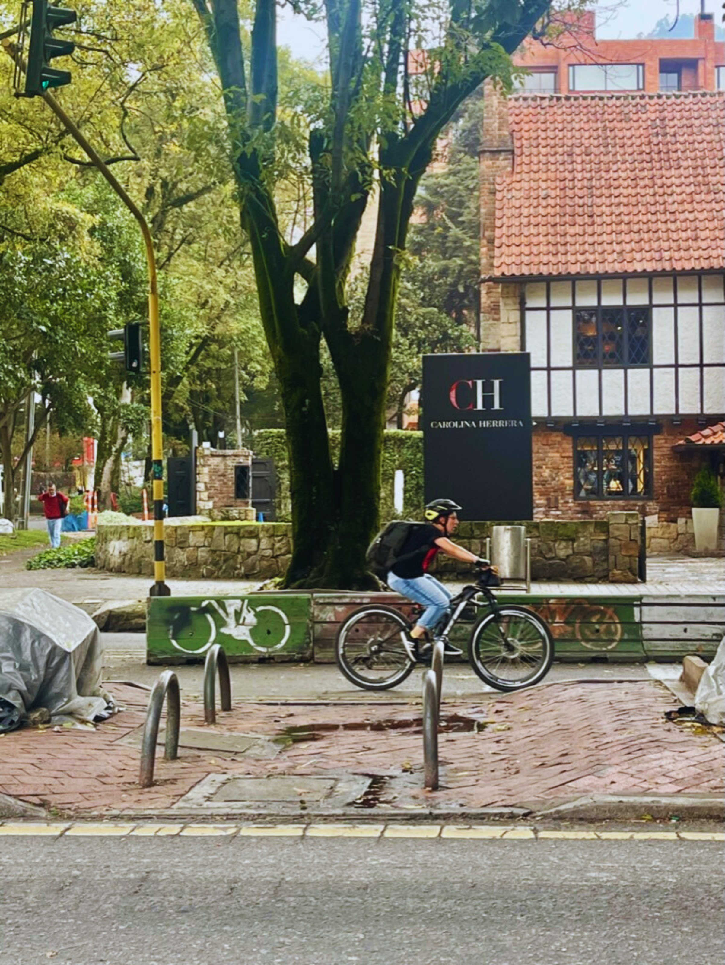 A person riding their bike in Bogota, Colombia.