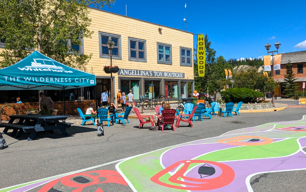 Main Street in Whitehorse, YK was closed to cars throughout the summer of 2023 as a pilot activation. Photo taken by Sonali Praharaj, 2023. 