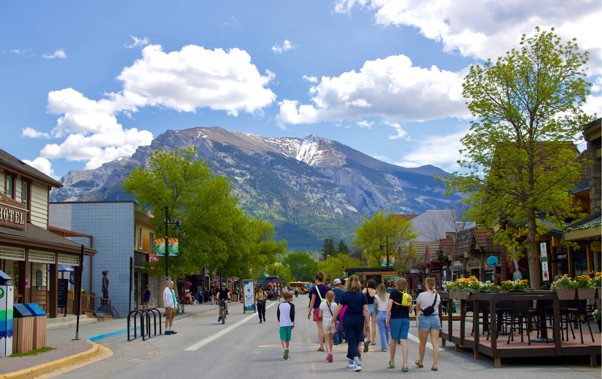 Every year, the Town of Canmore, Alberta turns Main Street into a pedestrian and cyclist-friendly zone between May and October to facilitate community connection, vibrancy and enjoyment. Photo taken by Nicole Roach, 2024. 