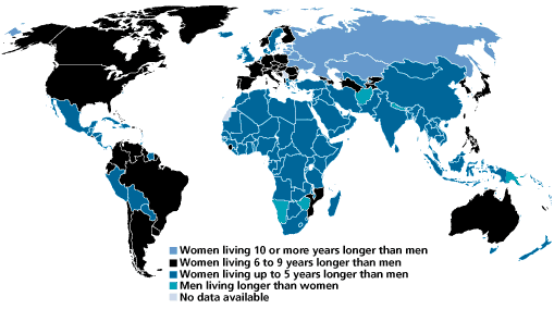 Global map showing life expectancy between women and men