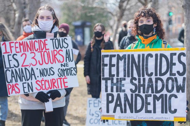 Young protesters holding signs that bring awareness to gender-based violence in Montreal