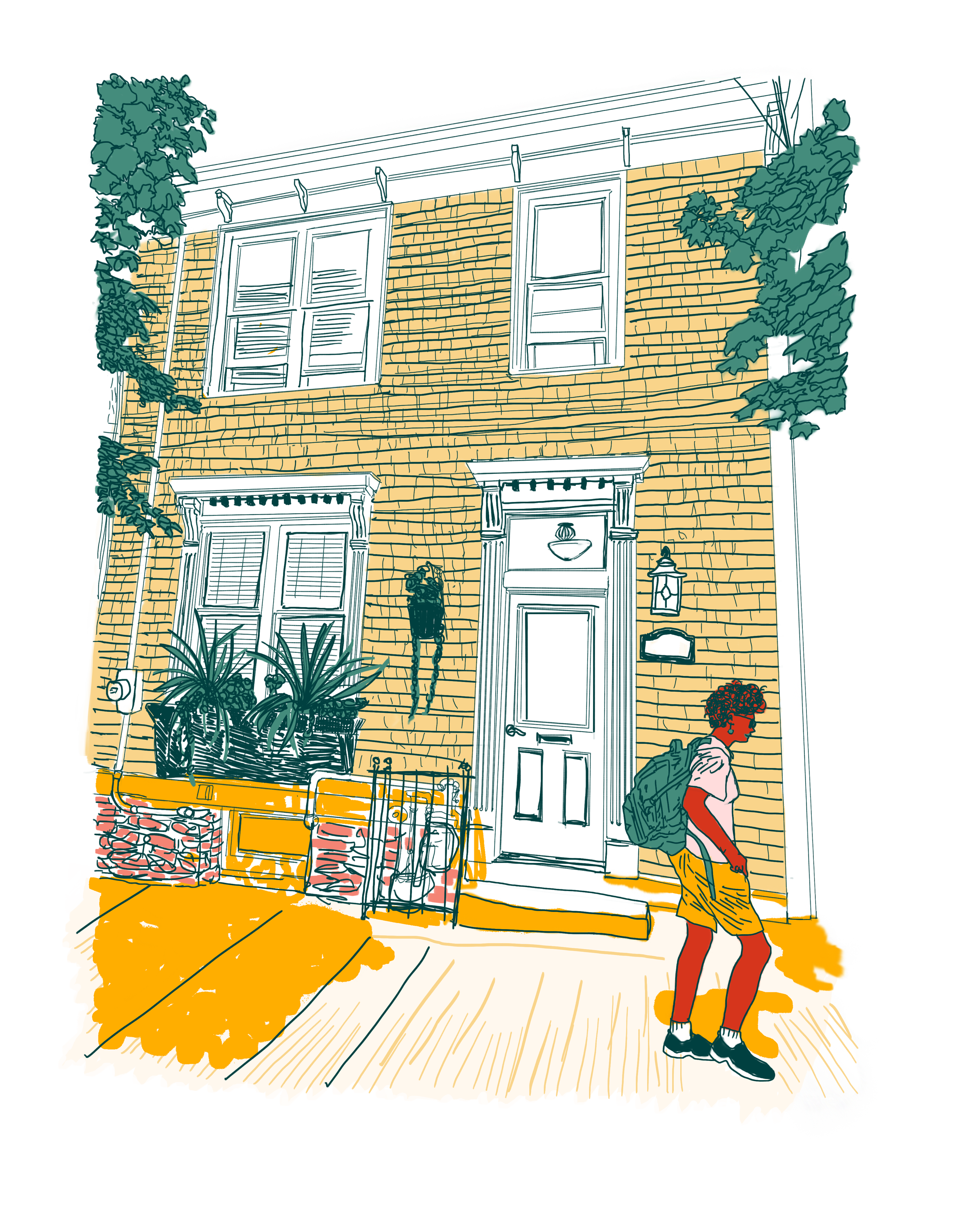 Illustration of a yellow brick two-story house with white trim, multiple windows with shutters, a front door with a small window, and plants on the porch. A person with curly hair, backpack, white shirt, yellow shorts, and sneakers is walking in front.