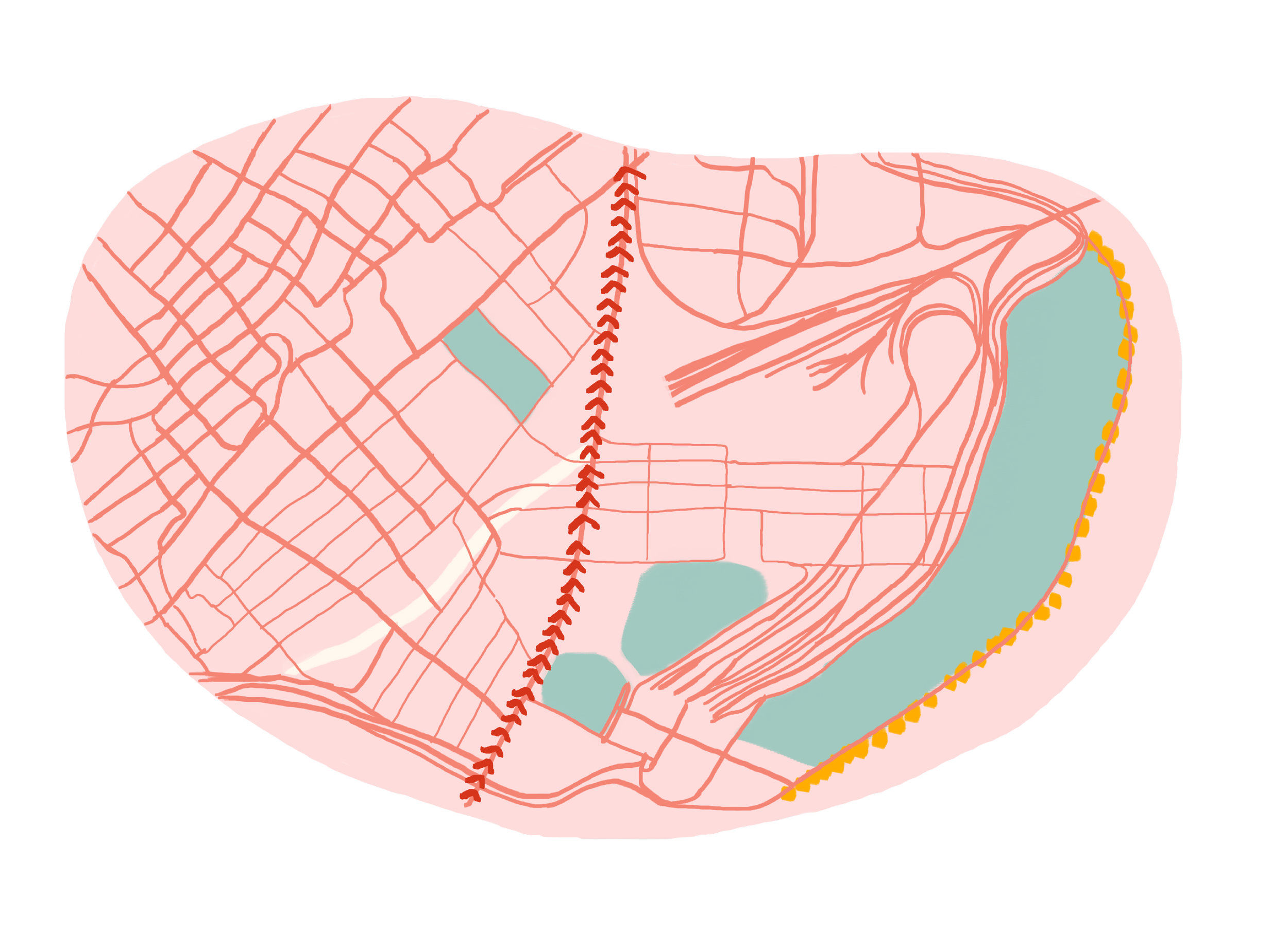 Map indicating a boundary with a red dashed line, showing a coastline on the right side, and street layout with parks and water bodies in the city area.