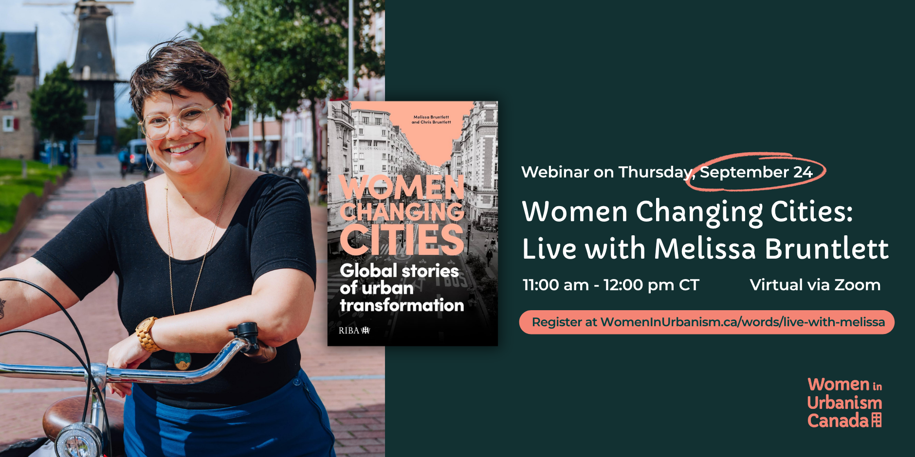 Event banner for "Women Changing Cities: Live with Melissa Bruntlett" on Thursday, September 24, 11:00 AM – 12:00 PM CT via Zoom, hosted by Women in Urbanism Canada.