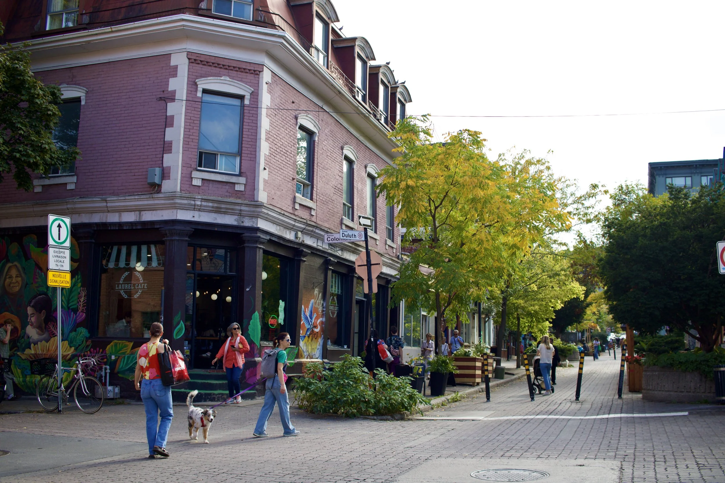 Women walking along a pedestrian-friendly street lined with trees, colourful murals, and local businesses. Photo taken by Nicole Roach in Montréal, Quebec.