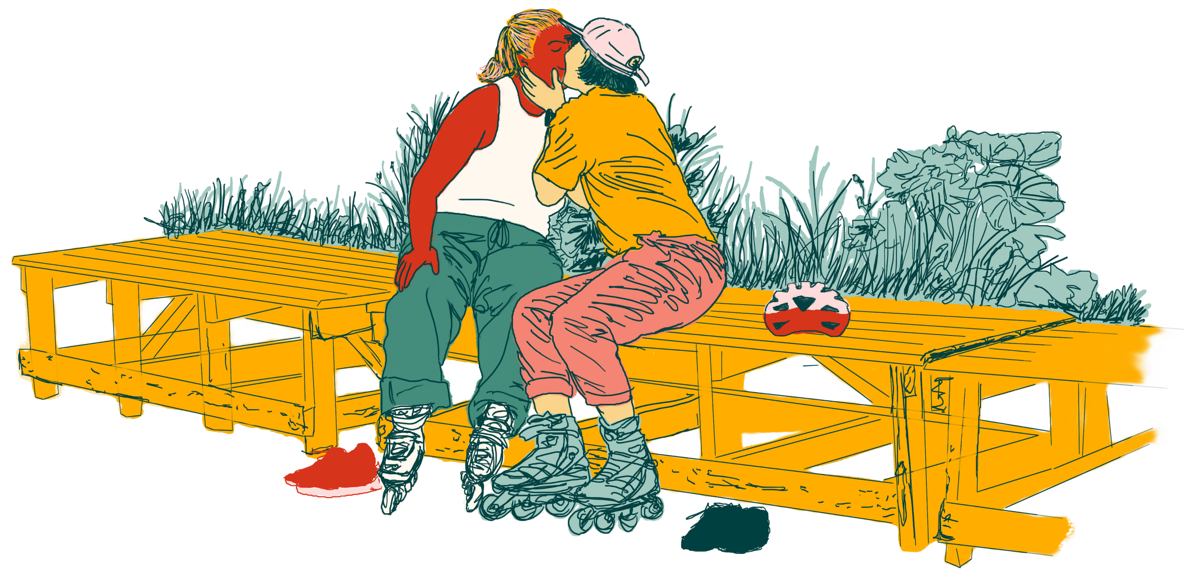 Two kids wearing rollerblades sitting on a yellow wooden bench, sharing a kiss, with greenery in the background and a baseball cap on the bench.