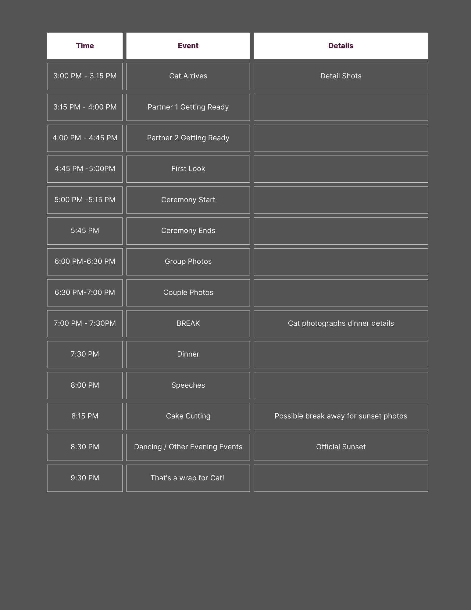 Sunset Elopement Schedule