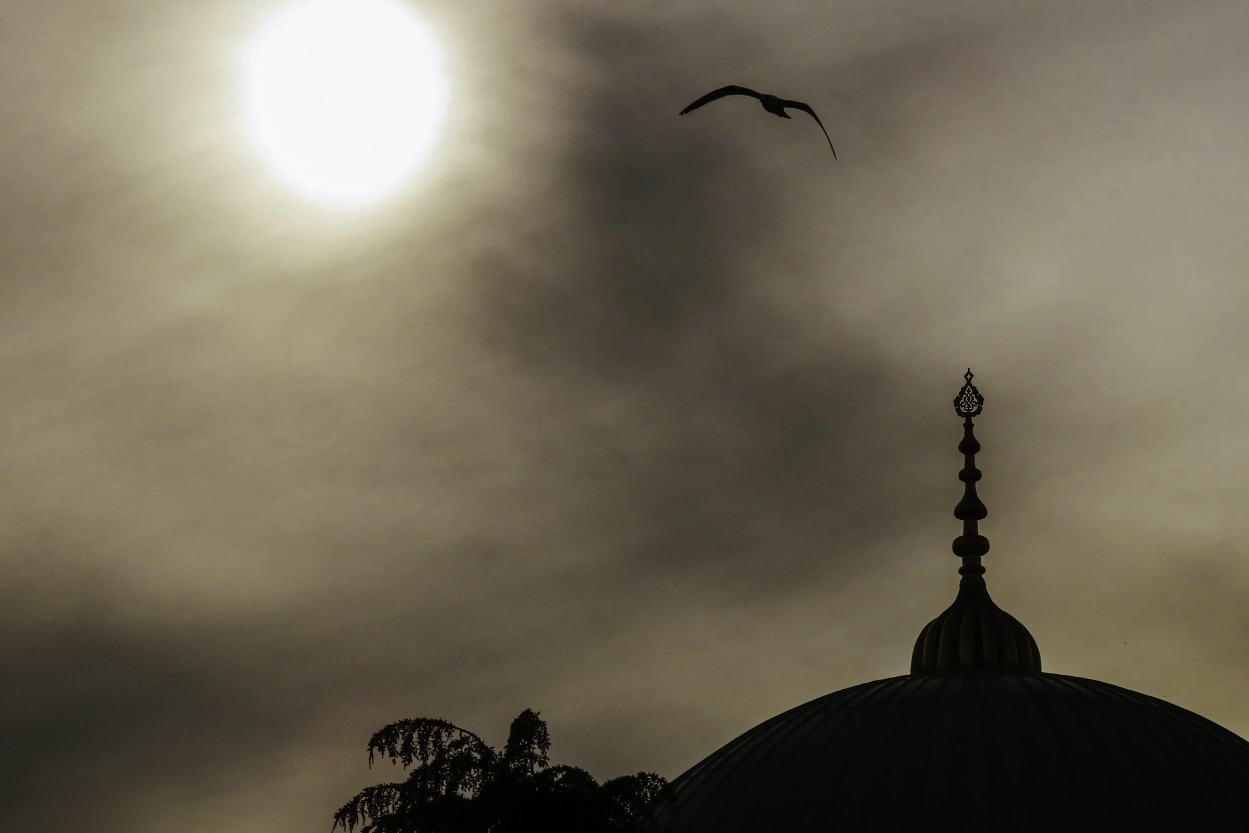 Luna piena nel cielo nuvoloso, con un uccello in volo e la silhouette di una cupola con un pinnacolo decorato.