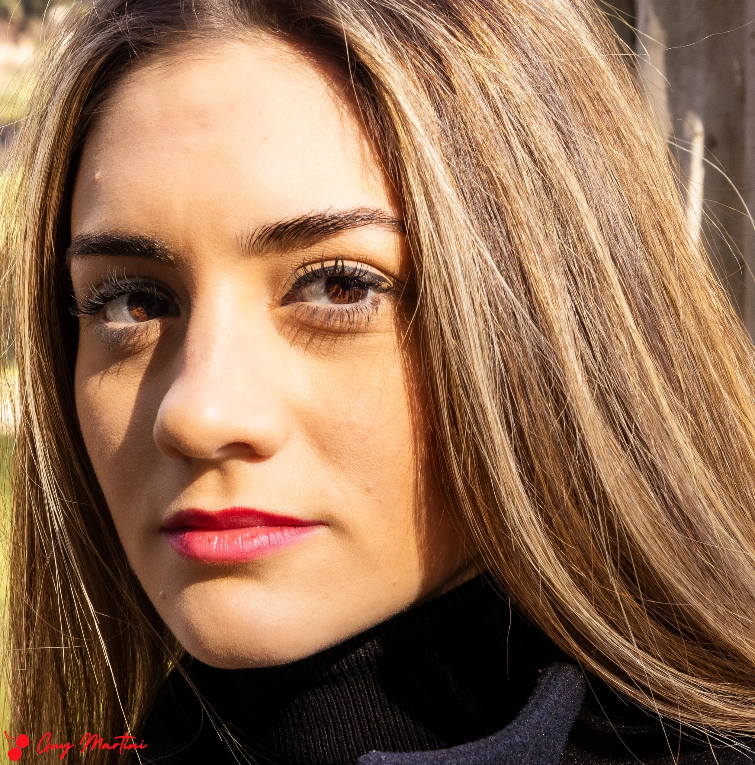 Ritratto di una donna con lunghi capelli castani, occhi castani, e labbra rosse, con un giardino sullo sfondo