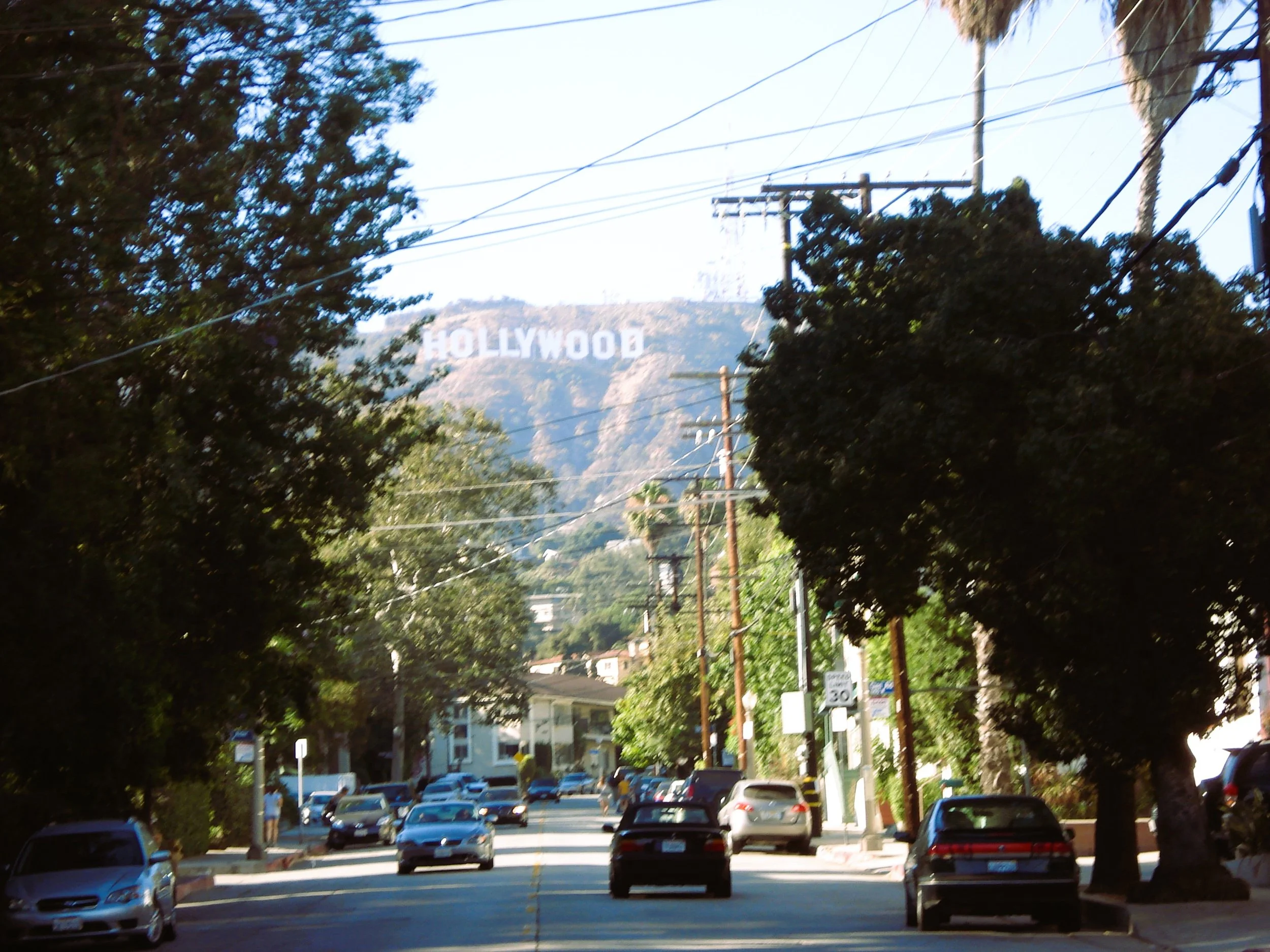Vista di una strada con auto parcheggiate e alberi lungo il marciapiede, con il famoso cartello di Hollywood sullo sfondo sulle colline di Los Angeles.