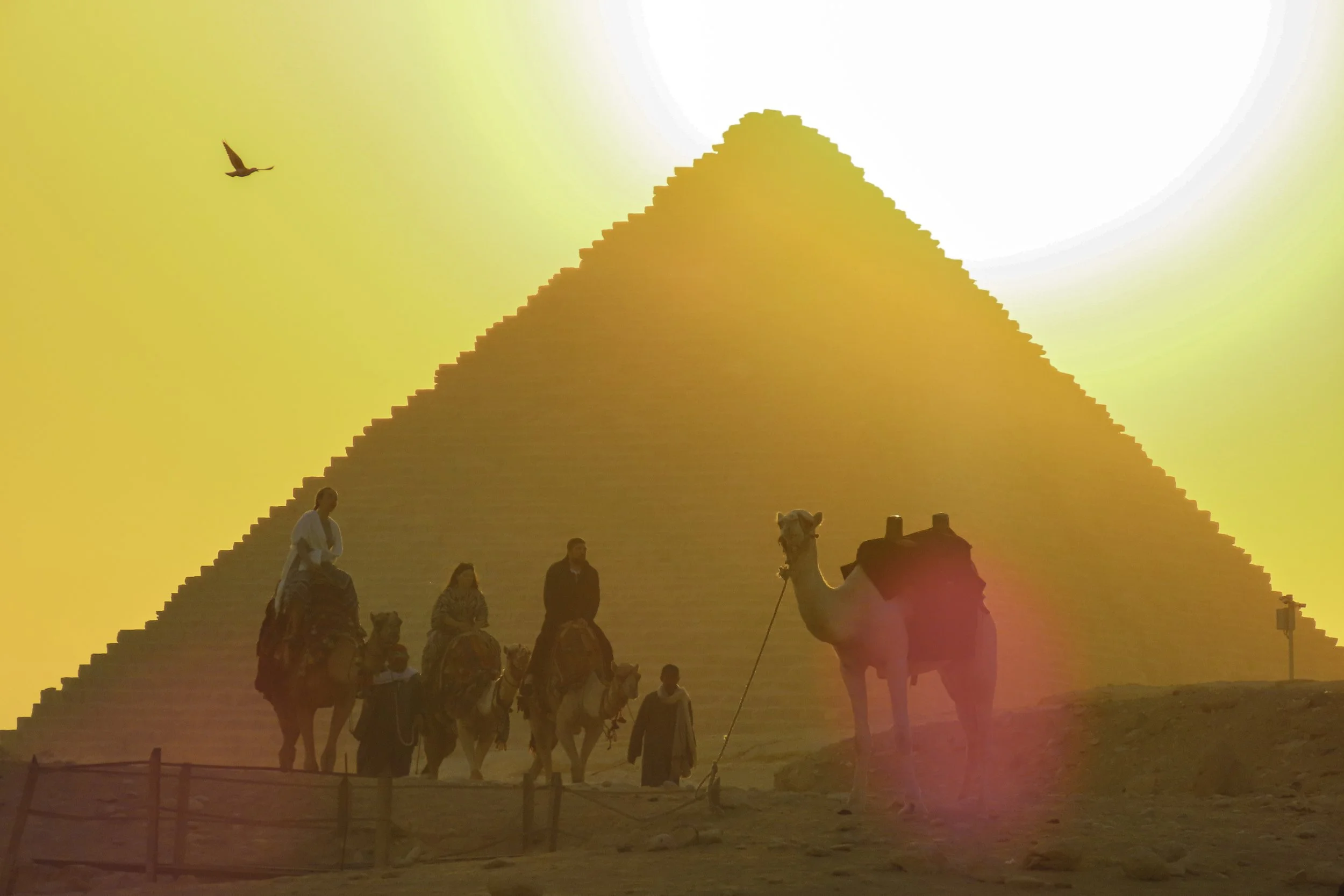 Le Piramidi di Giza al tramonto con persone che fanno un giro in camello, uccelli nel cielo e una luce calda