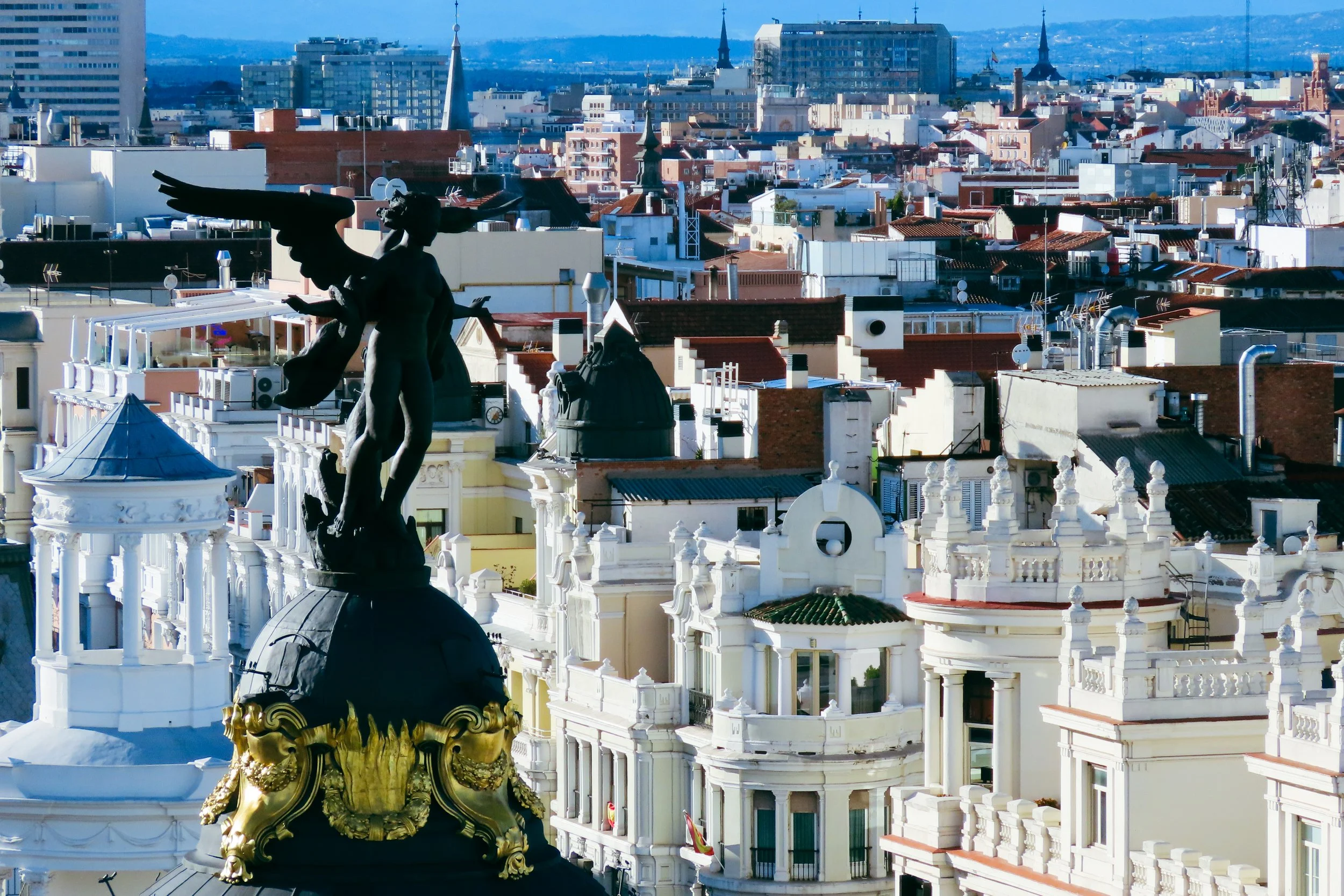 Vista della città con tetti e un monumento con statua e decorazioni dorate in primo piano.