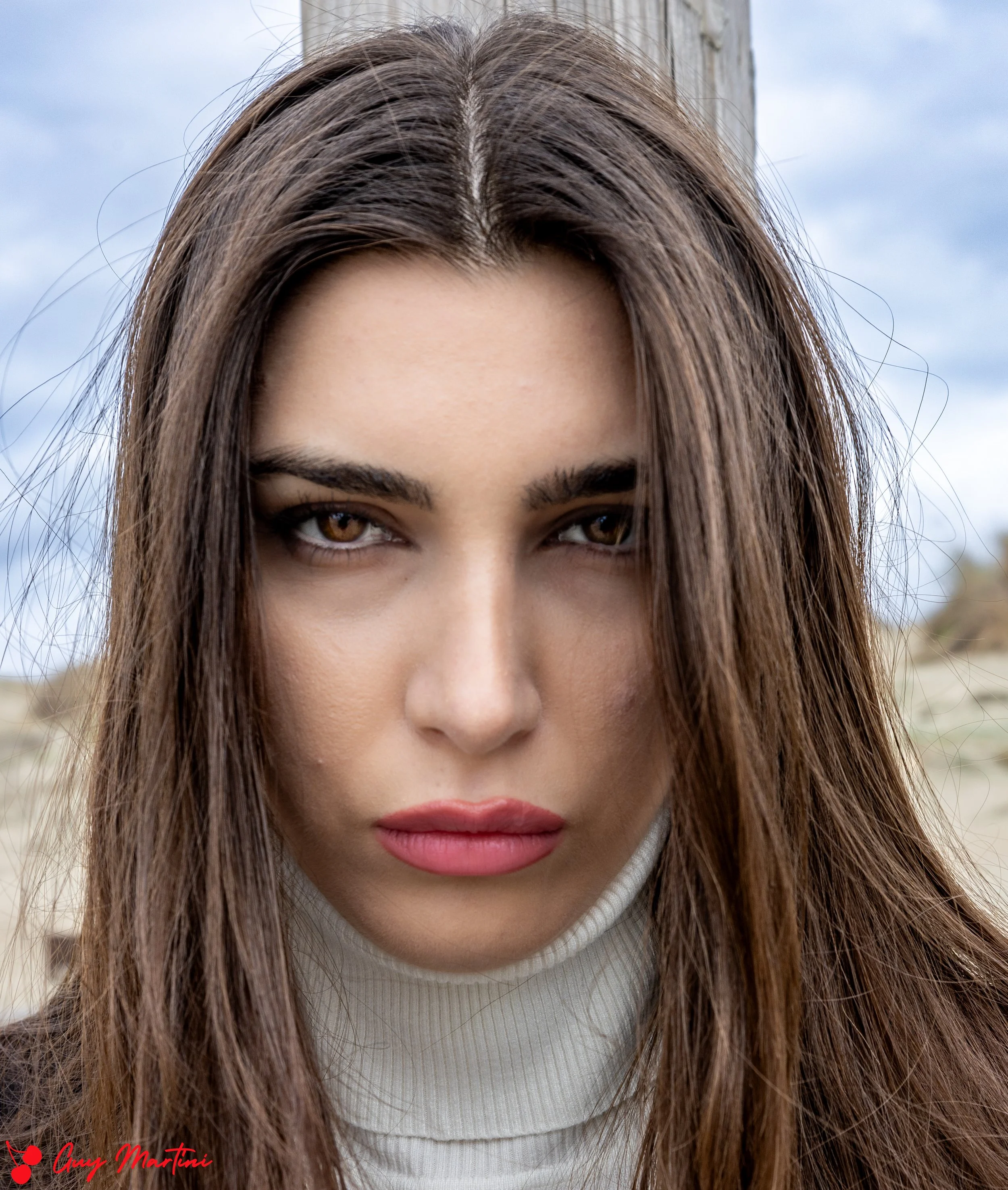 Ritratto di una donna con capelli castani, occhi marroni e labbra rosse, indossa un maglione bianco, sfondo con cielo nuvoloso.