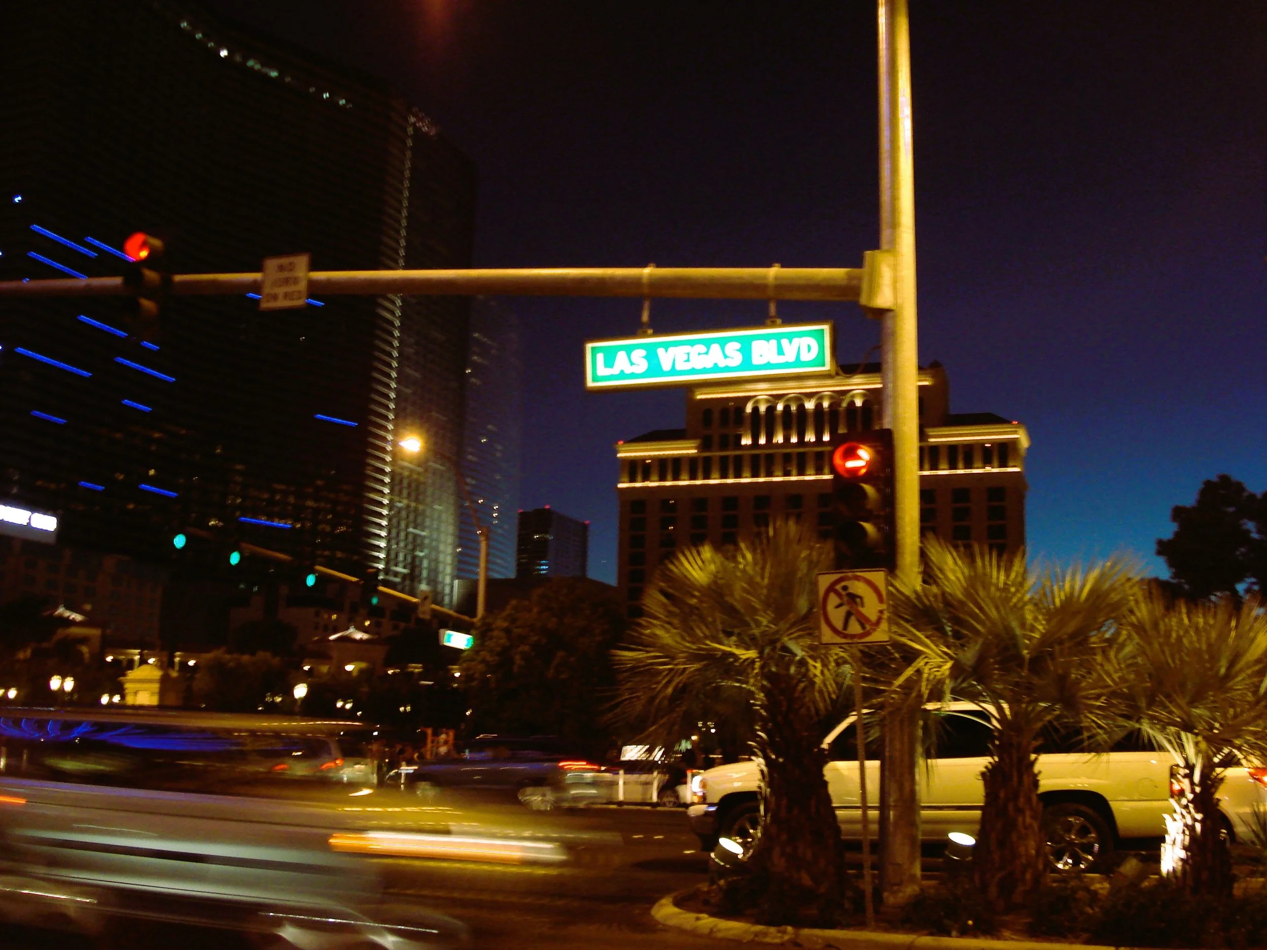 Segnale stradale con scritta 'Las Vegas Blvd' e luci della città di notte, con traffico e palme in primo piano.