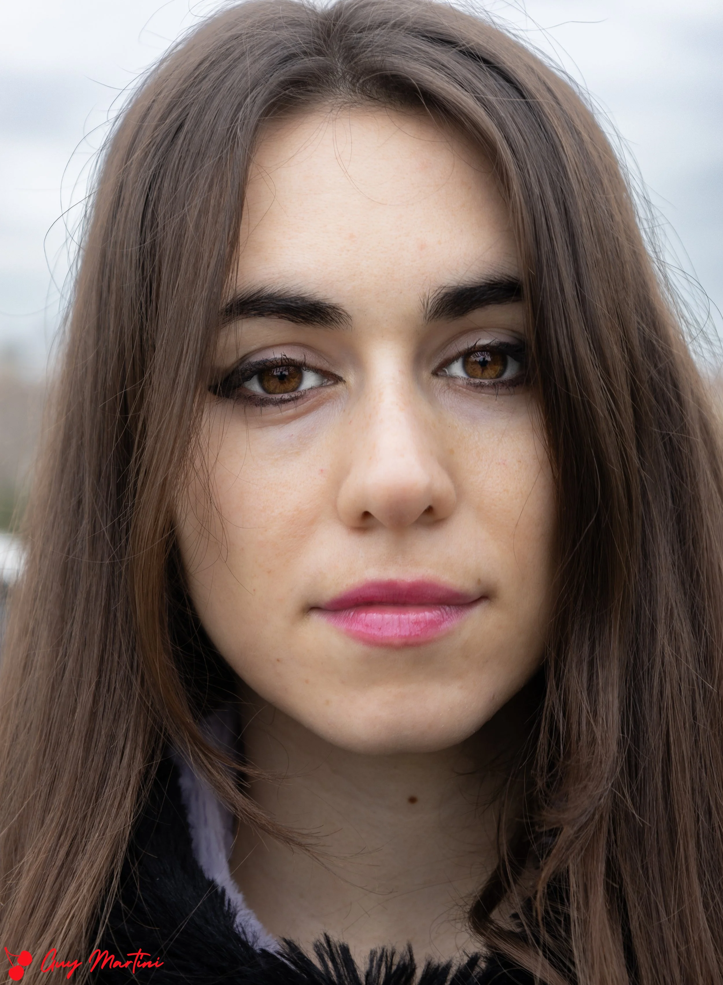 Ritratto di una giovane donna con capelli castani, occhi marroni e labbra rosa, con sfondo nuvoloso.