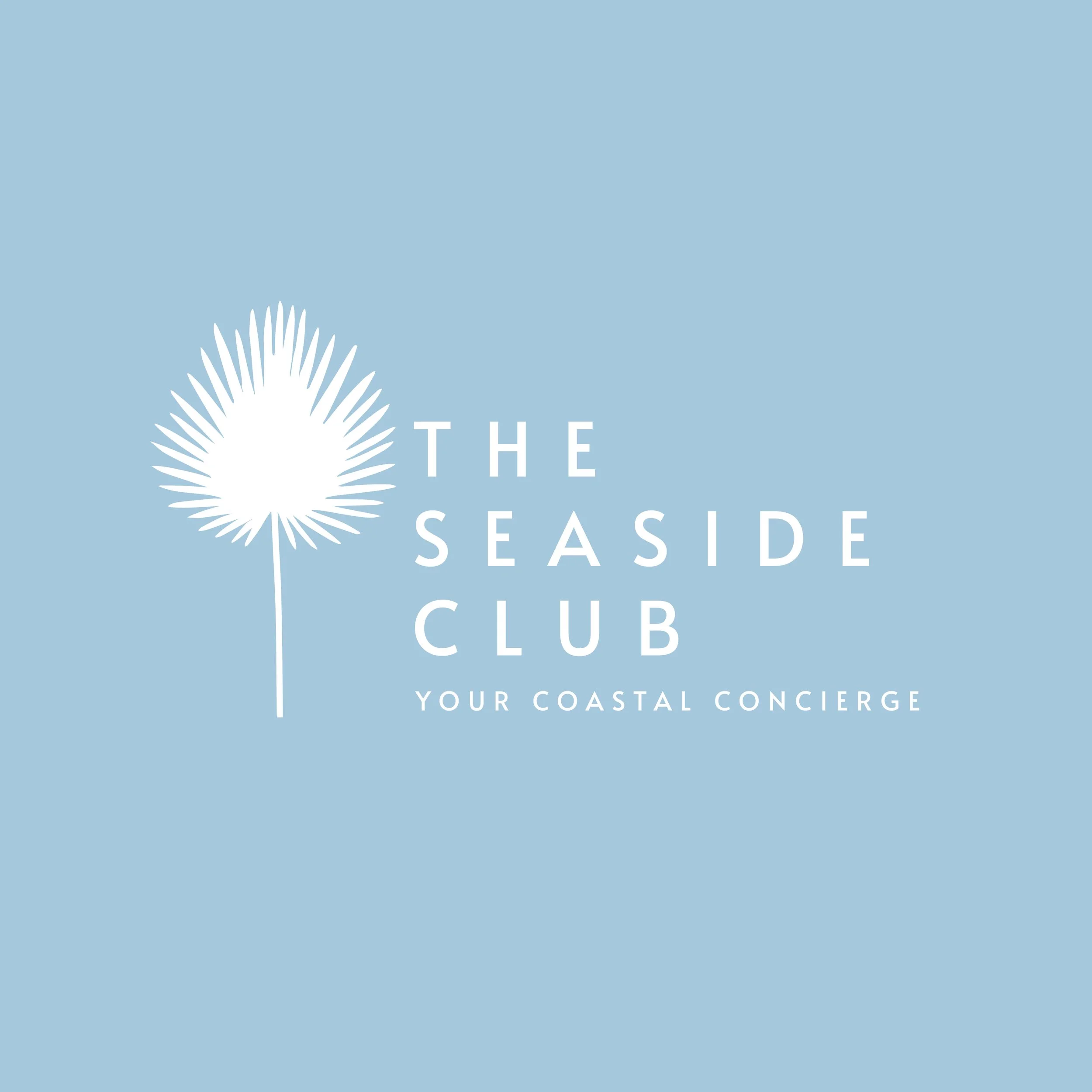 Logo of The Seaside Club featuring a white palm leaf on a light blue background, with the text 'The Seaside Club' and 'Your Coastal Concierge'.