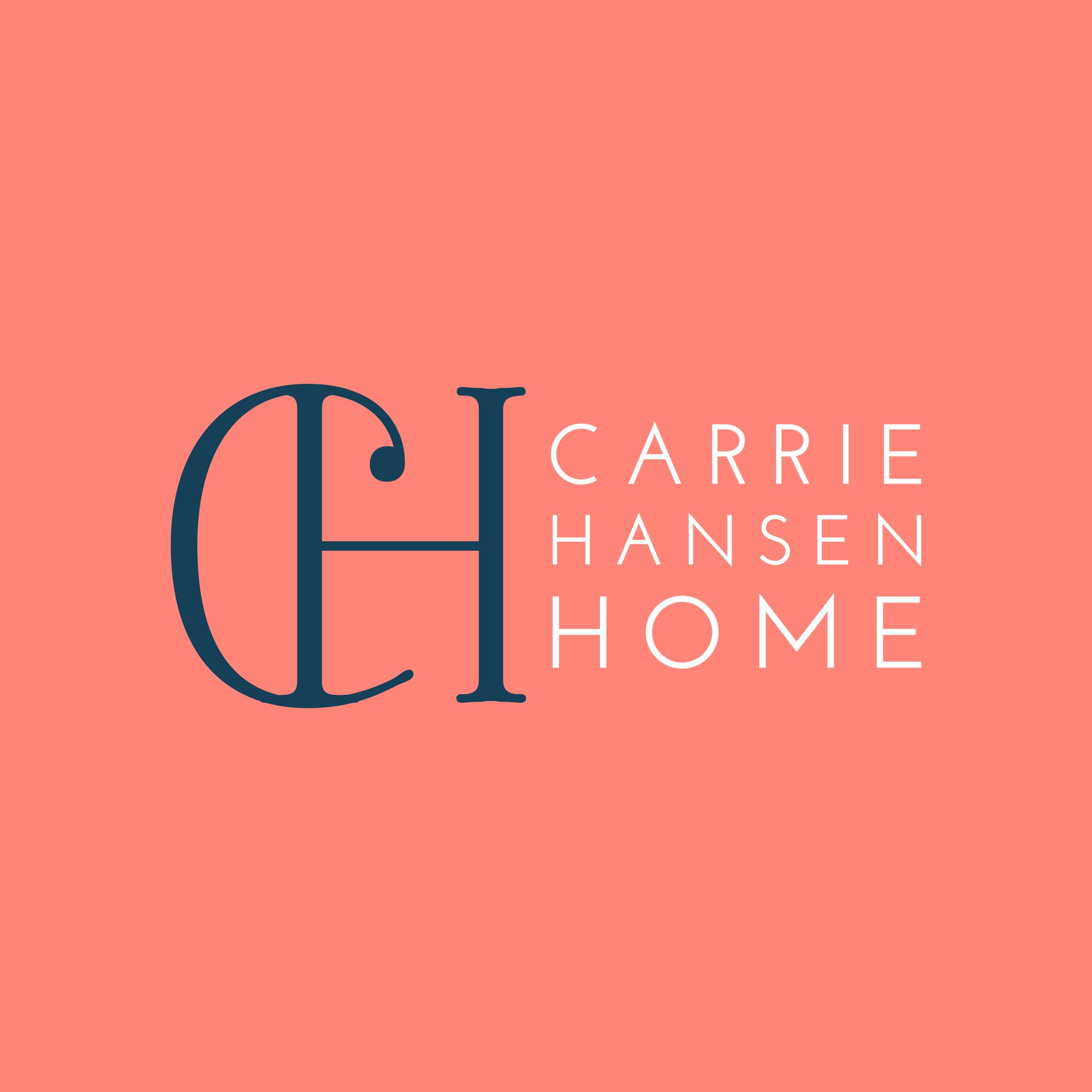 Logo for Carrie Hansen Home with a coral background, large dark blue initials 'CH' on the left, and white text 'Carrie Hansen Home' on the right.