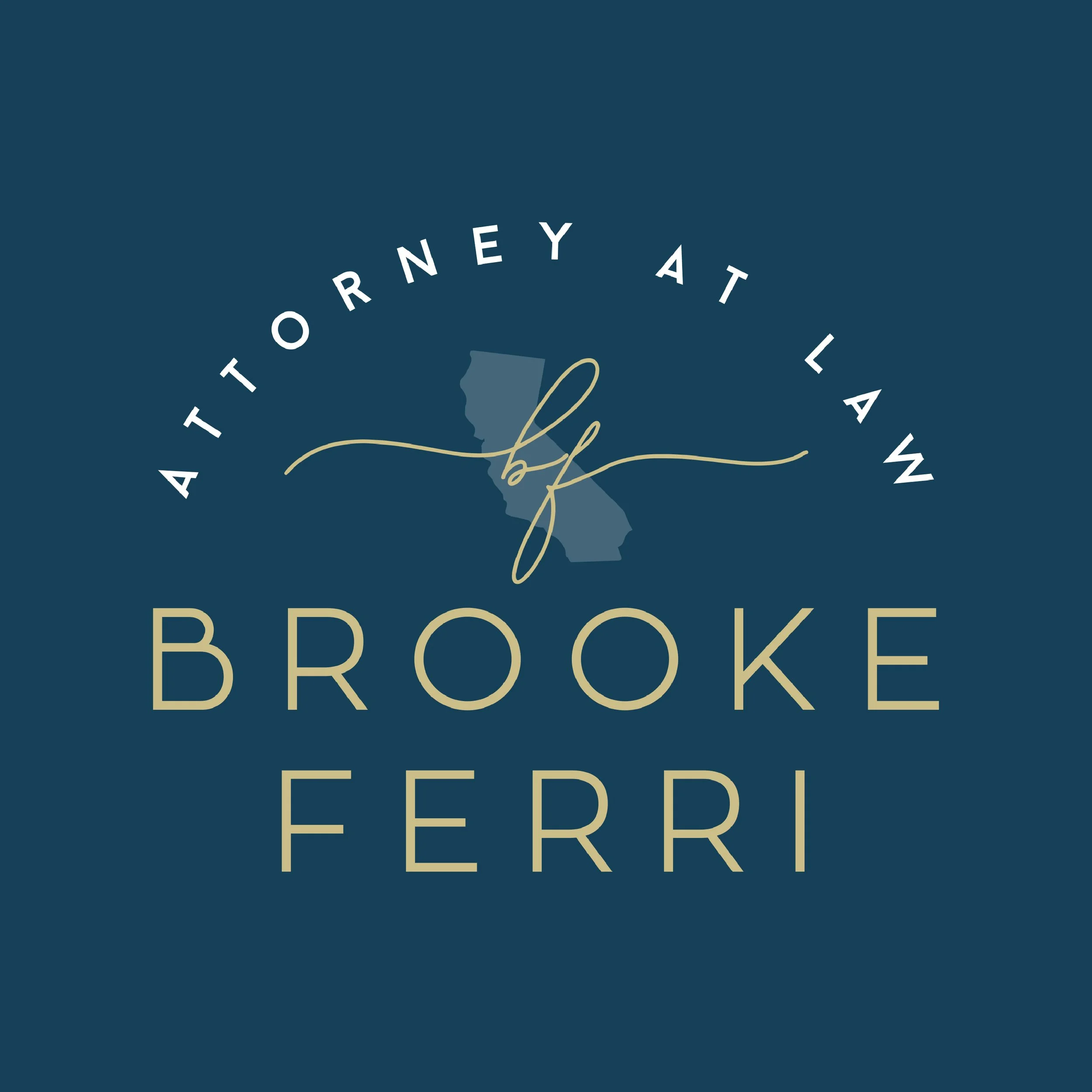 Logo for Attorney at Law Brooke Ferri featuring a silhouette of California with a handwritten script 'bf' intersected by a line.