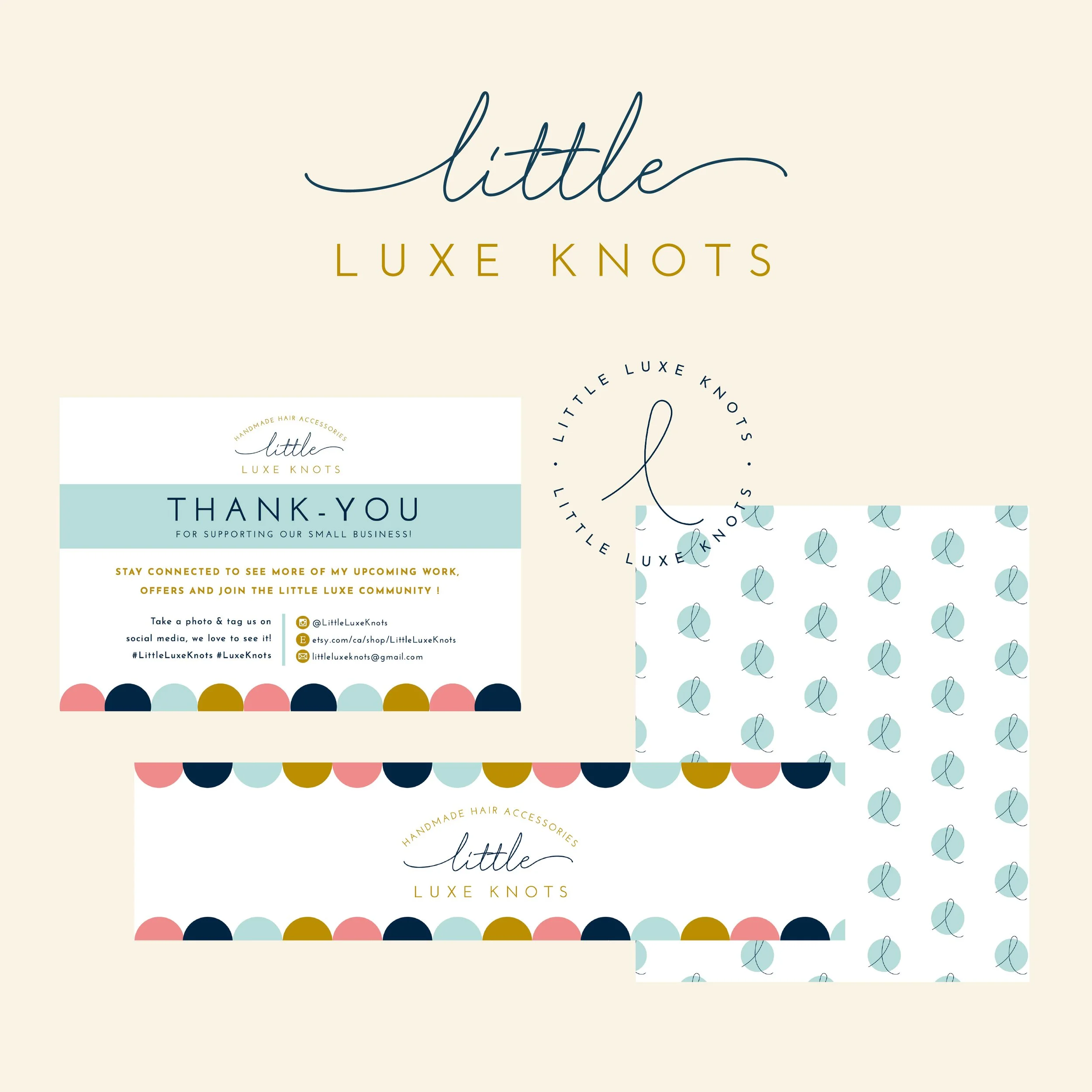 A collection of branding materials for Little Luxe Knots, including a thank-you card, a logo, and decorative patterned paper with polka dots and string motifs in pastel colors, promoting handmade hair accessories.