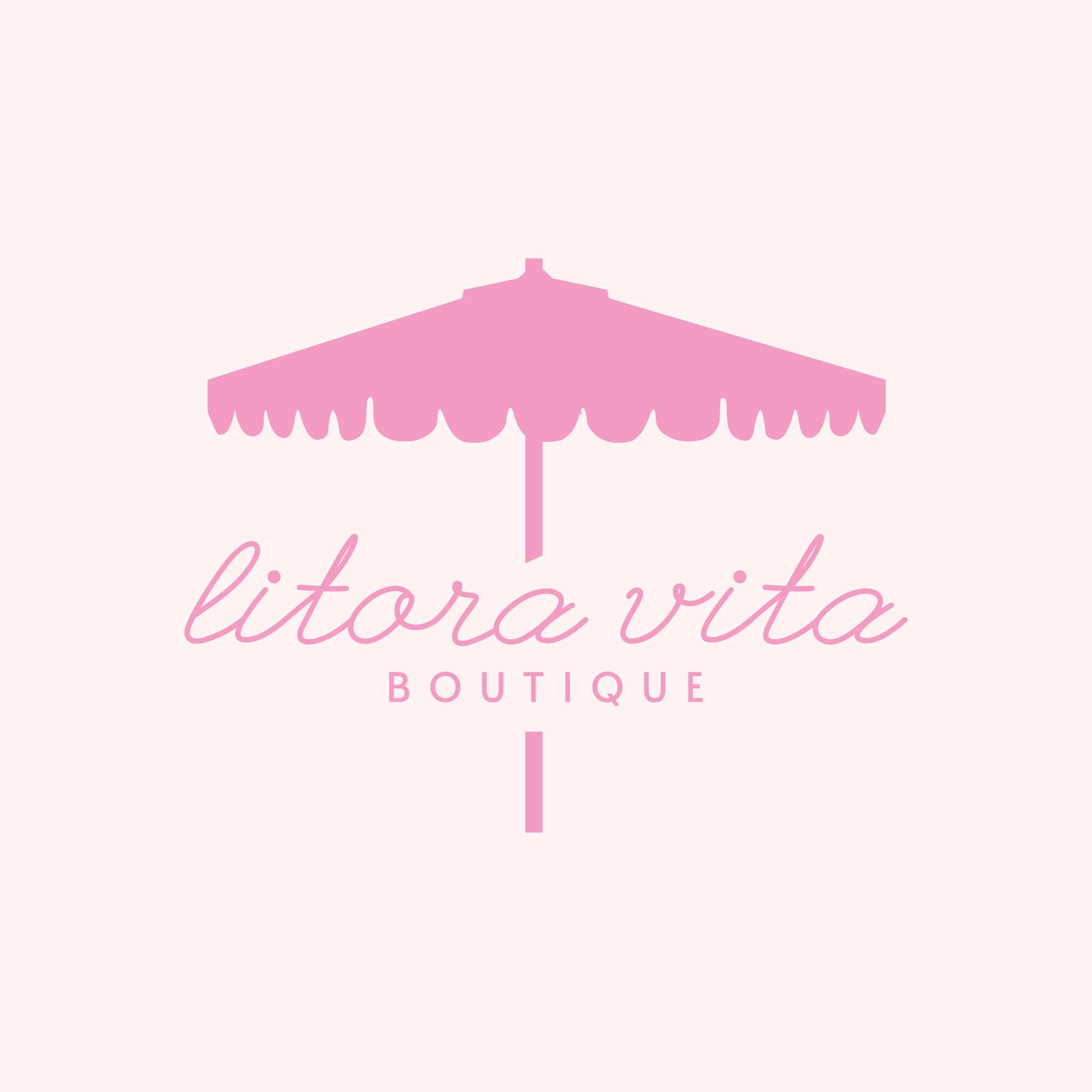 Pink logo for Litorva Vita Boutique featuring a pink beach umbrella above the boutique's name.