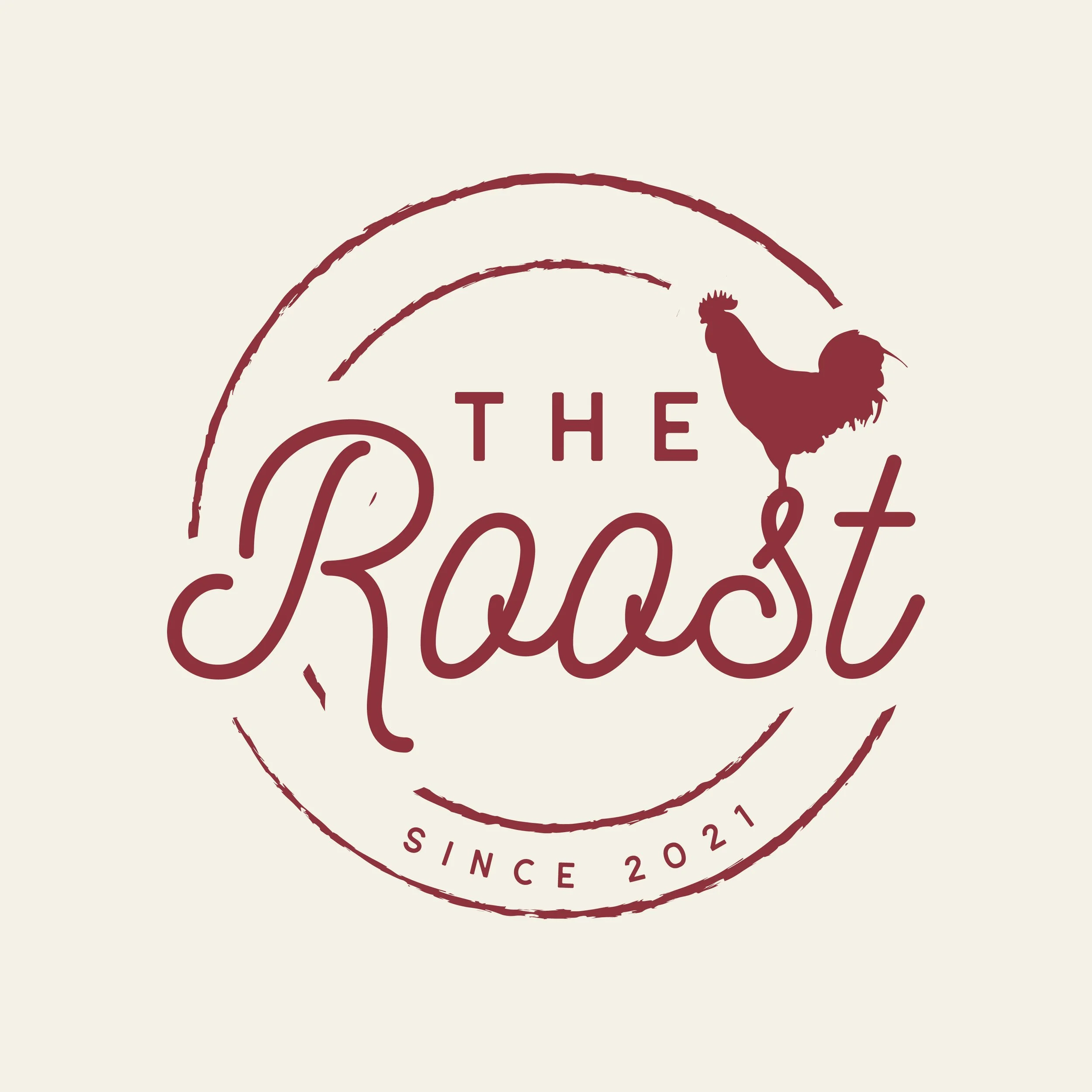 Logo for "The Roast," featuring a rooster silhouette, with the text "The Roast" and "Since 2021".