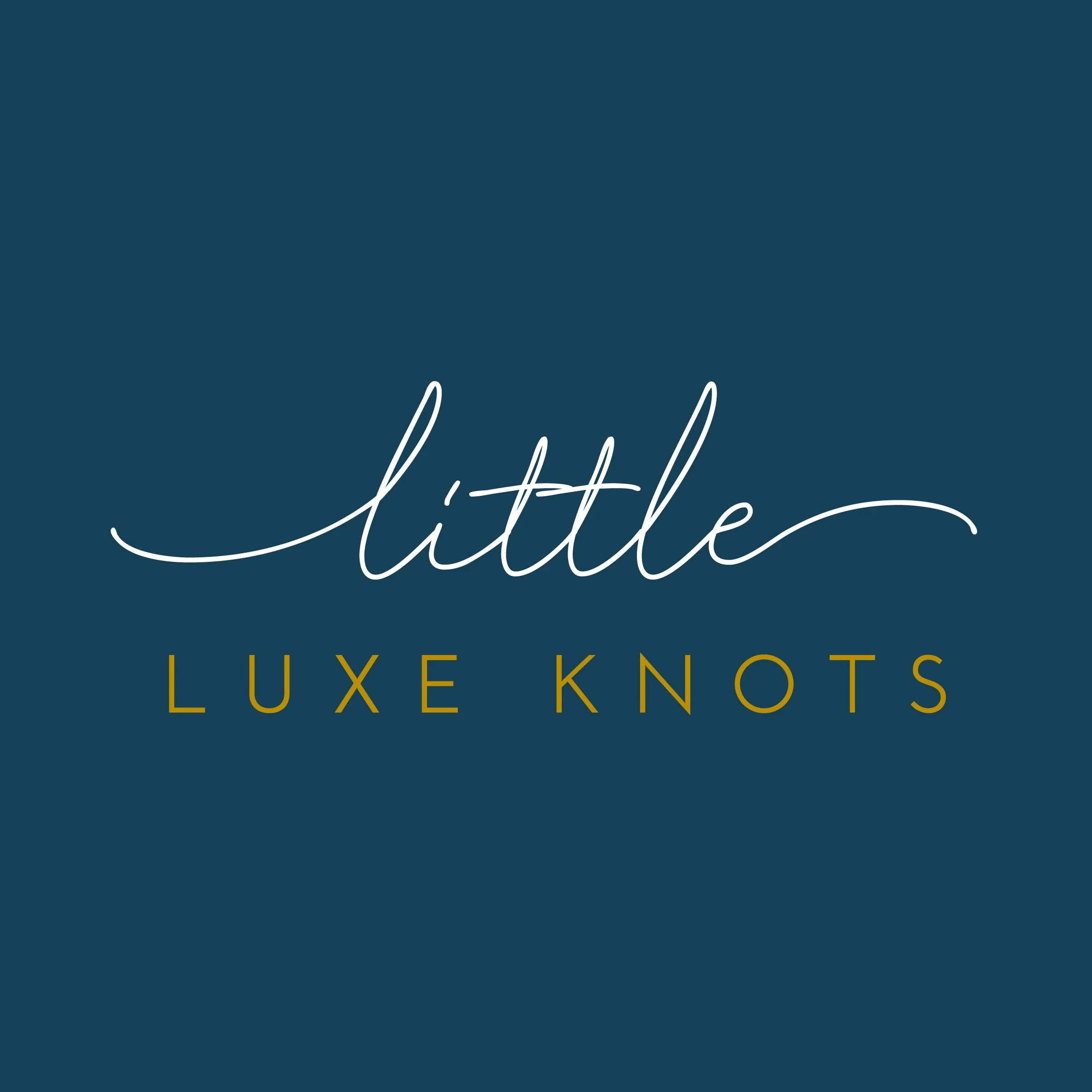 Logo with the words 'little LUXE KNOTS' on a dark teal background.