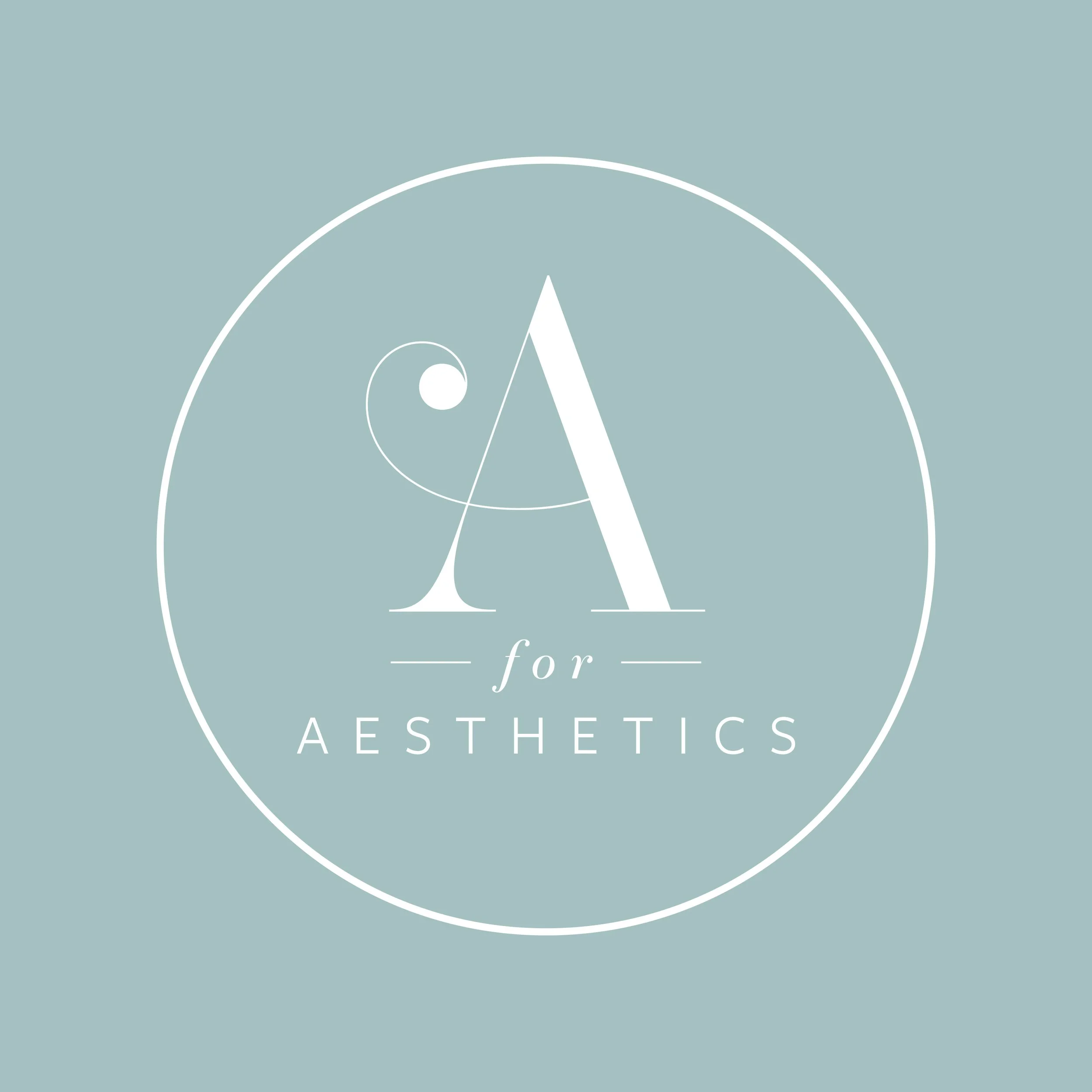 Logo with a large stylized letter 'A', the word 'for', and 'AESTHETICS' underneath, with a light blue background.