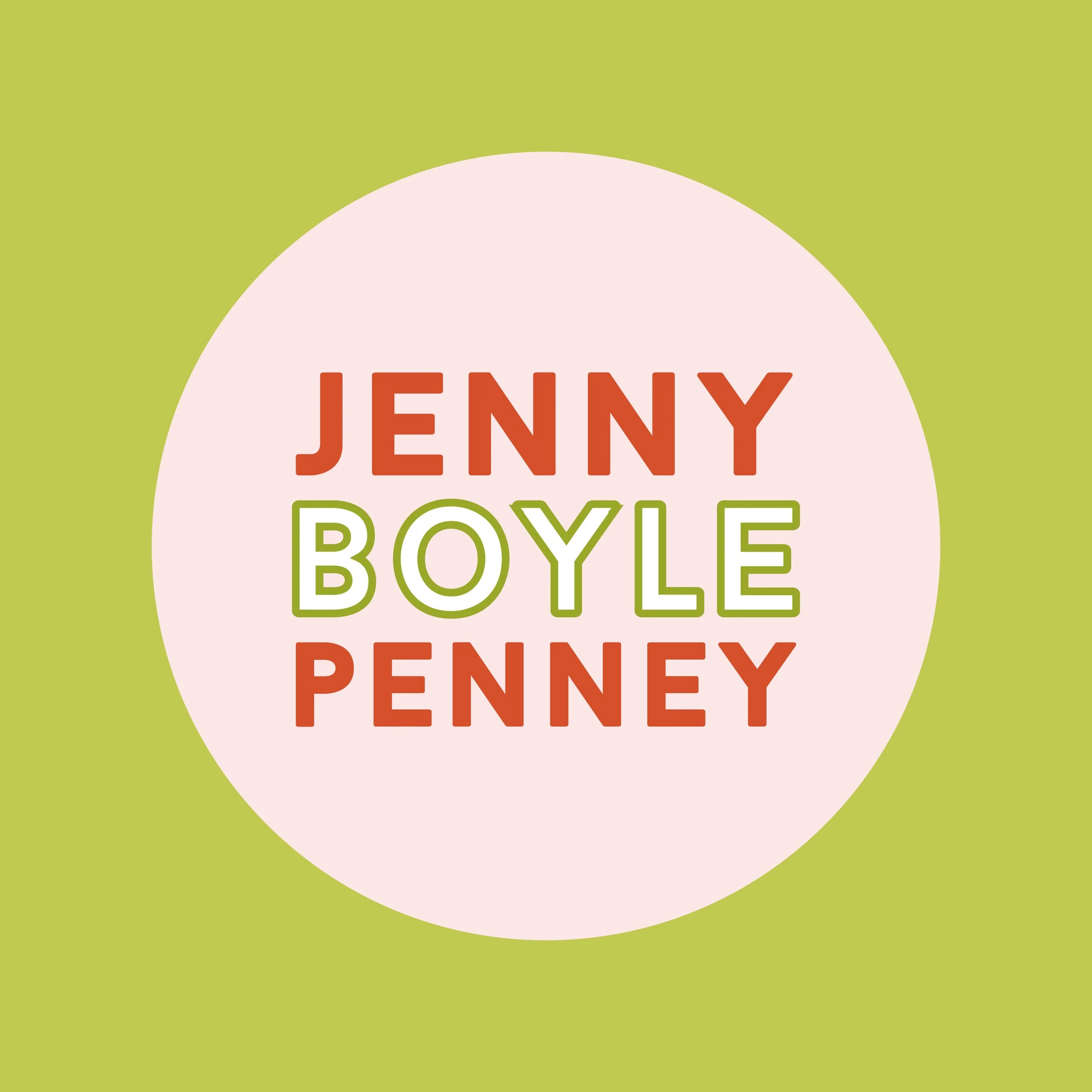 Book cover with green background and a white circle in the center. Inside the circle, the names "JENNY BOYLE PENNEY" are written in uppercase with "JENNY" and "PENNEY" in red, and "BOYLE" in green with a white outline.