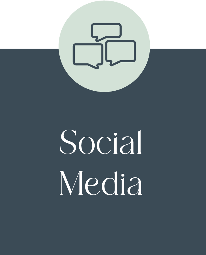 A graphic with a dark background and a light green circle at the top center containing three speech bubbles. Below the circle, in large white text, it says "Social Media."