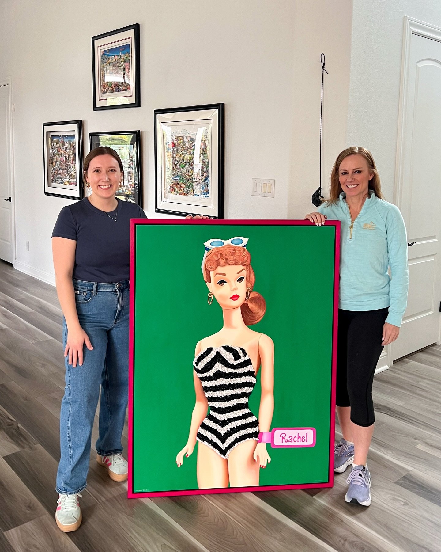 Another collab with @trively.art in the books 🤝 Delivered and installed this fabulous commission to our collector, Rachel! 

When someone reaches out and requests a barbie painting with their hair &amp; eye color.. you say YES because that&rsquo;s i