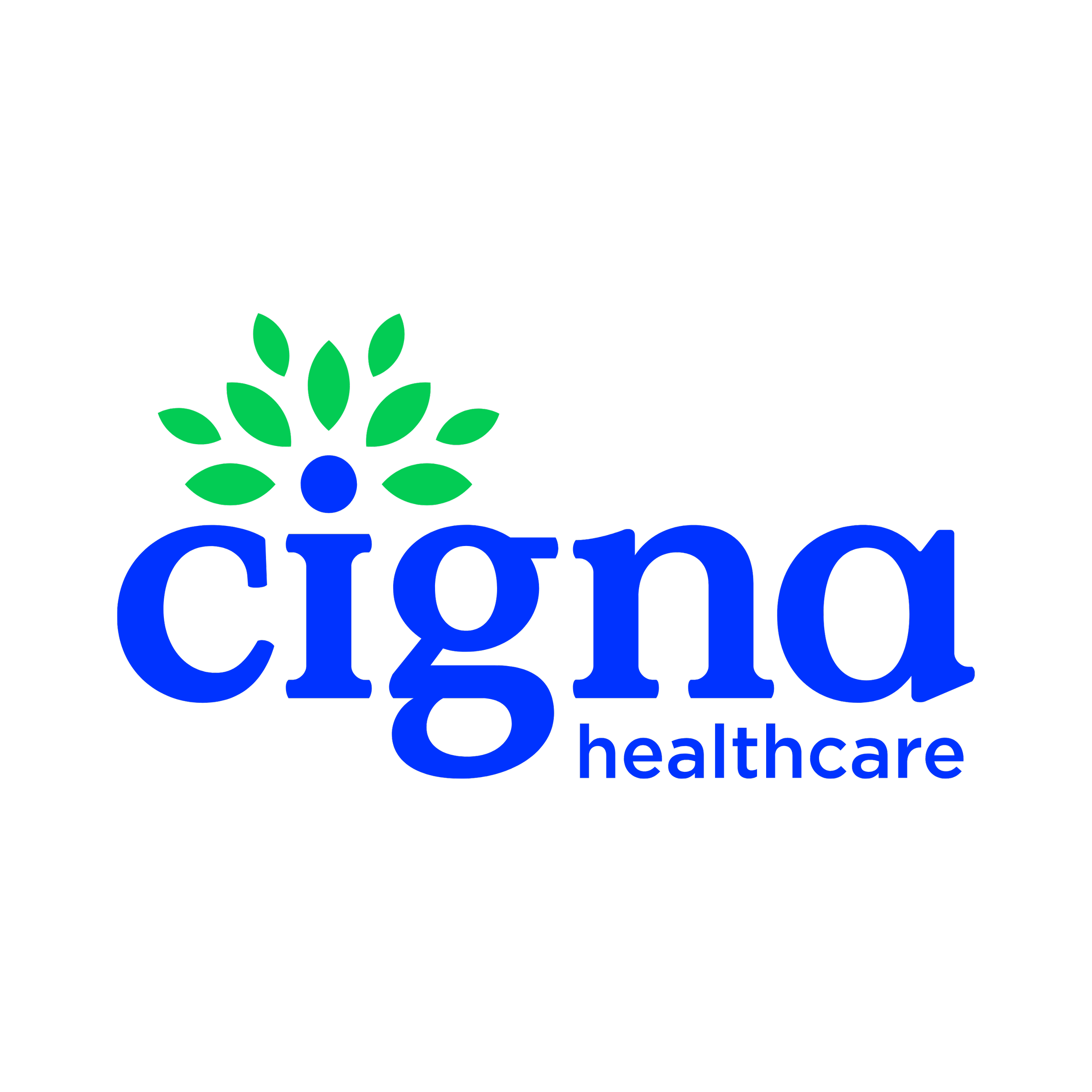 Logo for Cigna Healthcare featuring a stylized tree with green leaves and a blue circle at the base, with the words "cigna healthcare" in blue text.
