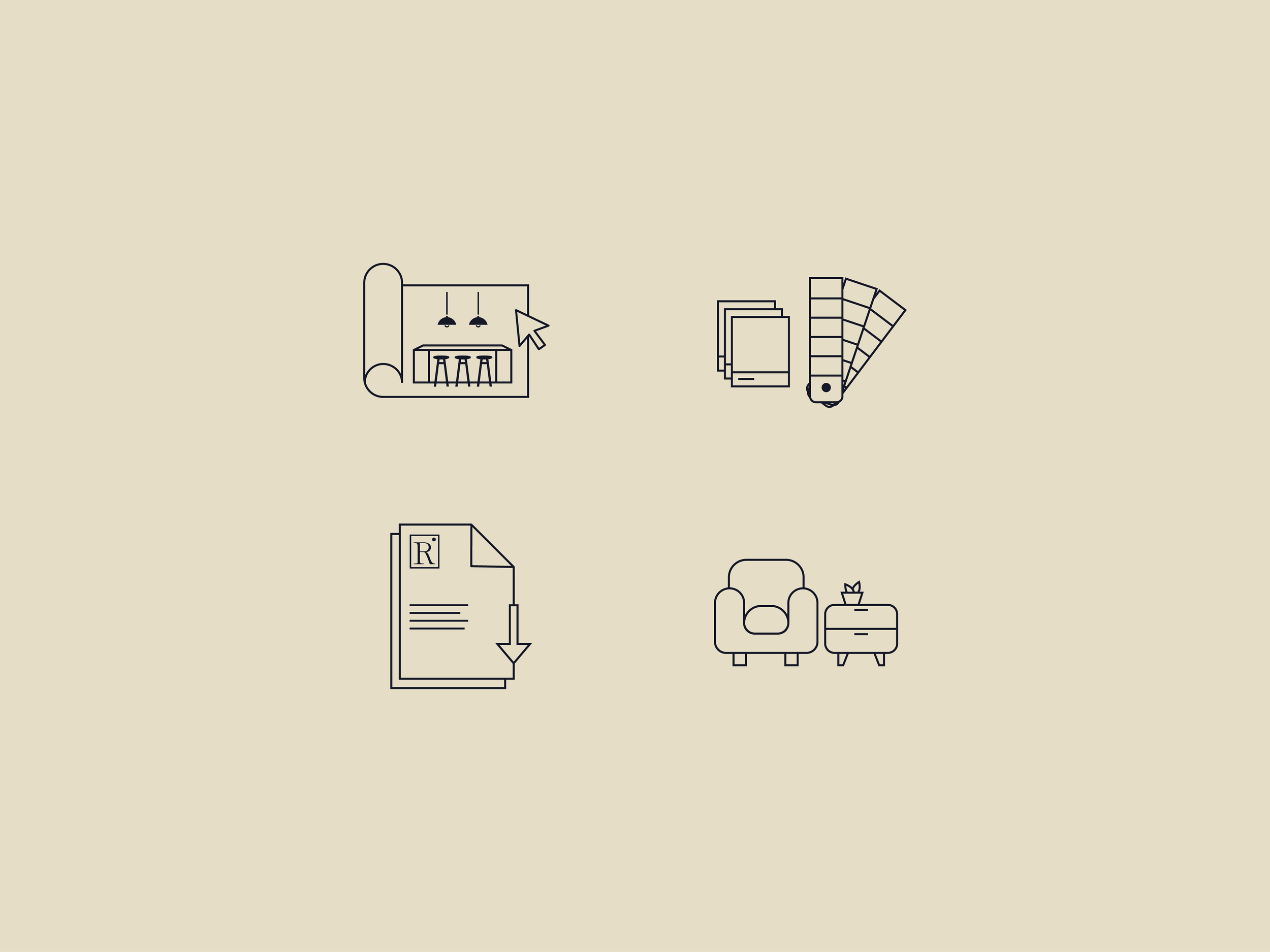 Line drawing icons of a sample room layout, color palette, document with arrow, and living room furniture set on a beige background.