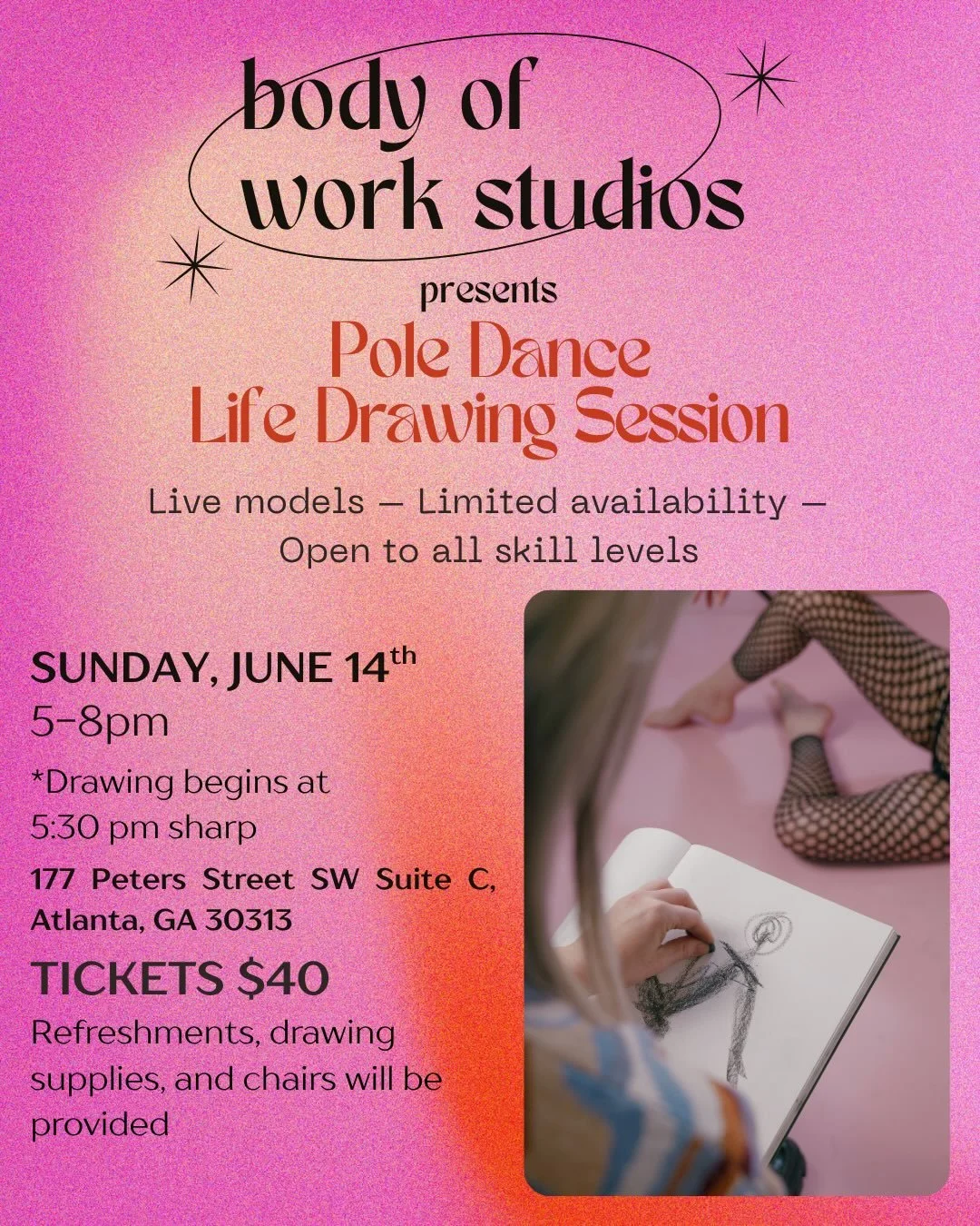 🎀This summer, we are hosting the first of many pole dance life drawing sessions! For two and a half hours, attendees of all skill levels can practice their short- and long-form life drawing skills. Refreshments, chairs, and drawing supplies (includi