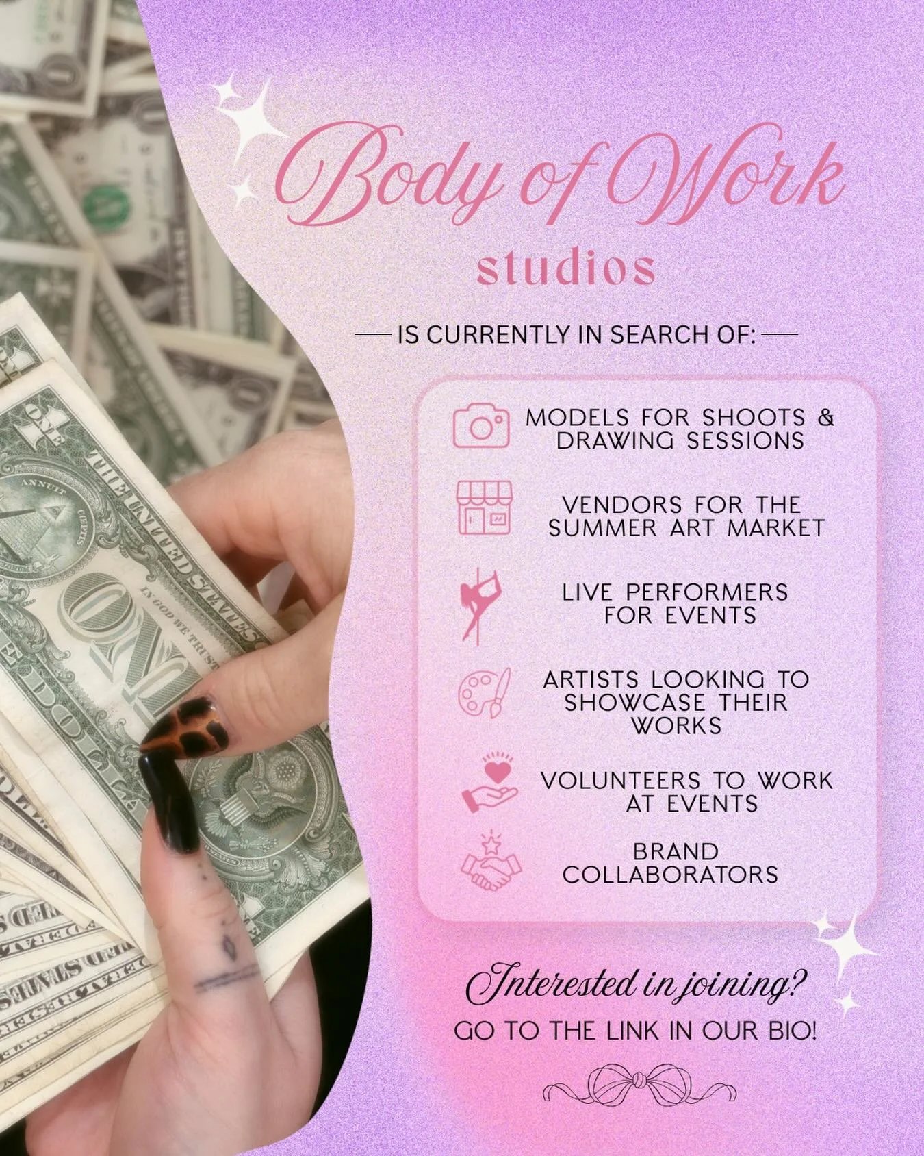 Body of Work Studios is building something for us, by us. ✨
We are searching for Atlanta-based sex workers who are also artists, performers, business owners, models, and organizers who want to collaborate and uplift each other!
Whether you&rsquo;re l
