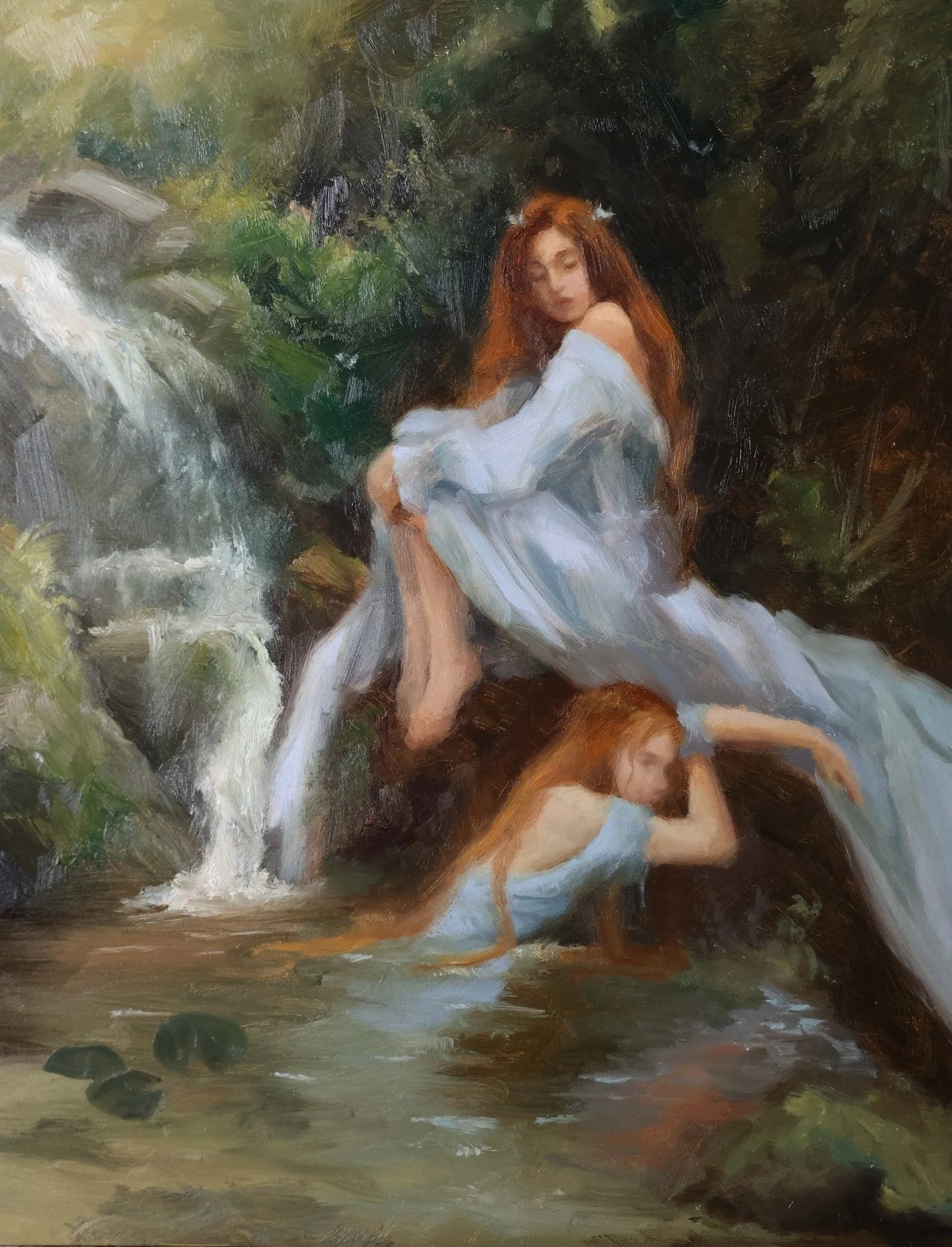 🌿Whimsy little oil painting inspired by John William Waterhouse&rsquo;s &lsquo;Hylas and the Nymphs&rsquo;. These faces were really tiny, I don&rsquo;t tend to work this small which is why they look a little underdeveloped but I&rsquo;m still loving