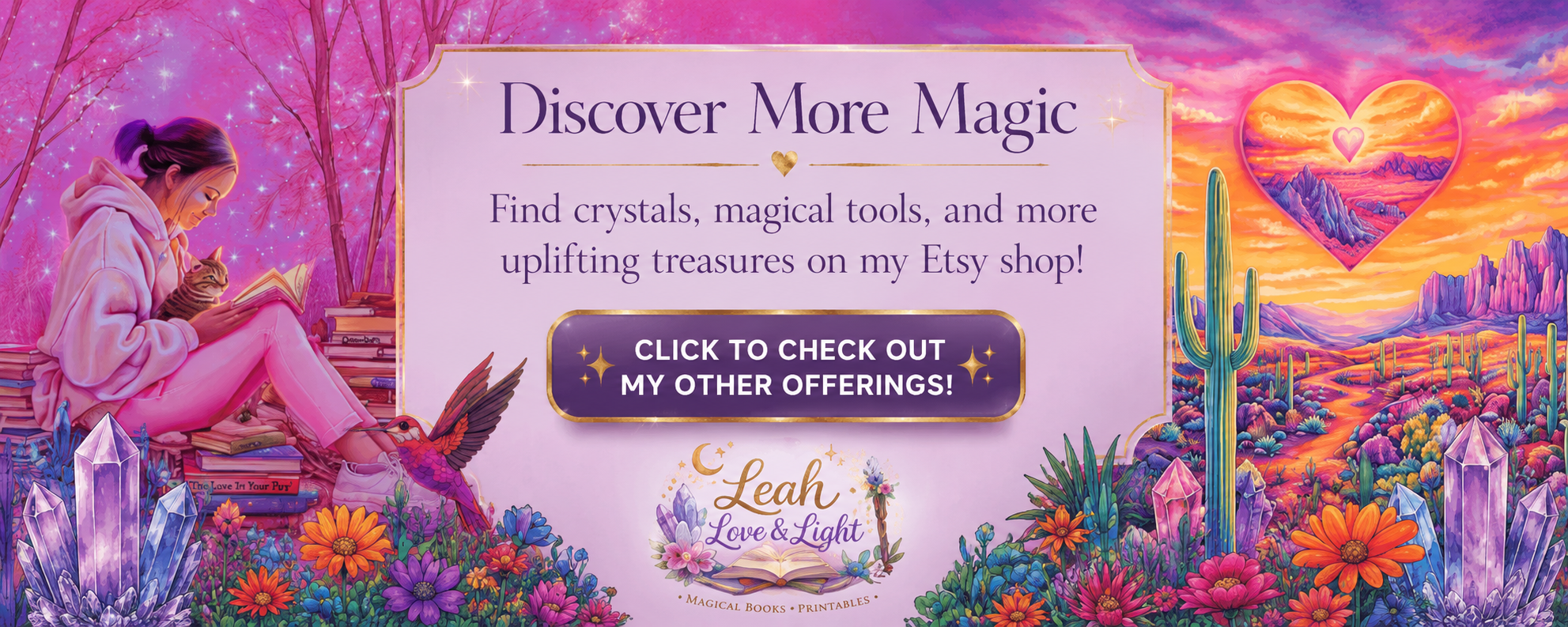 A colorful fantasy landscape with a woman in pink hoodie and pink pants sitting in a purple forest, reading a book, with a cat on her lap. Surrounding her are vibrant purple crystals, flowers, and a hummingbird. To the right, a sunset sky with mountains and a heart-shaped formation in the clouds. The central text promotes discovering magic, crystals, and treasures on Leah Love & Light's Etsy shop, with a clickable button.