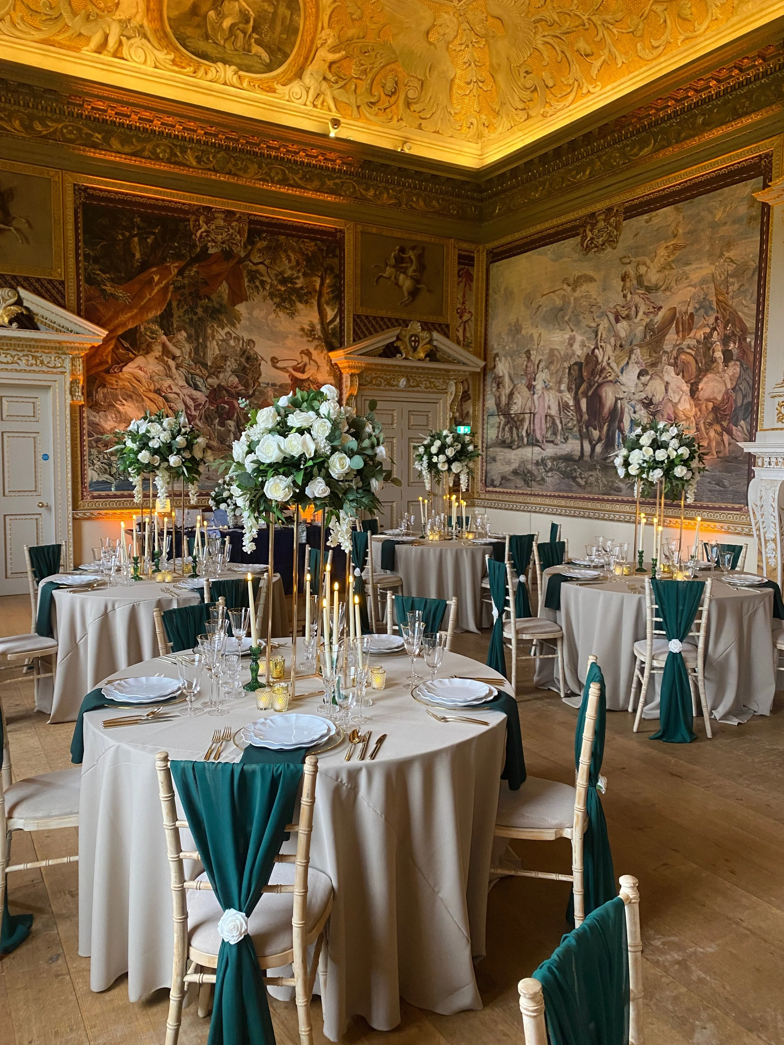 Stone-coloured wedding tablecloth available to hire from Rosewood & Pearl.