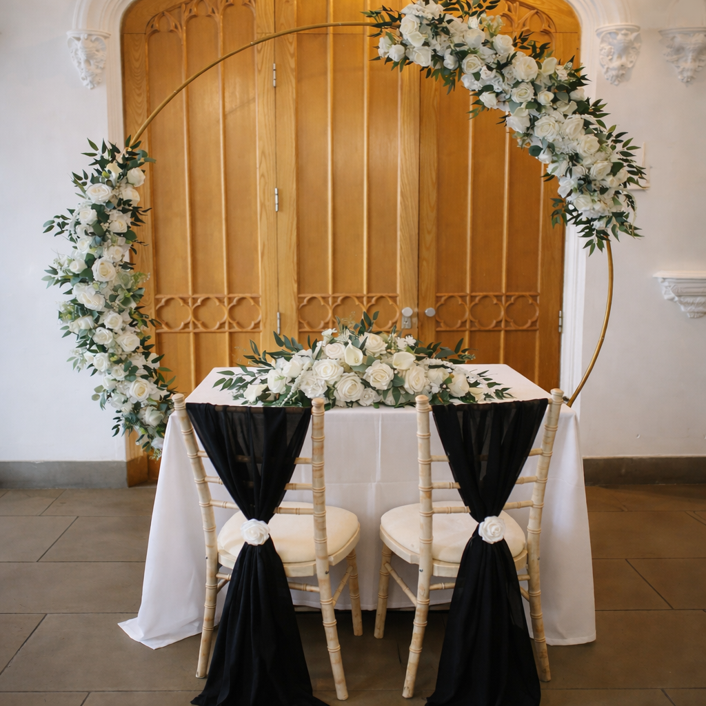 Grace white and green moongate arch available from Rosewood & Pearl for luxury wedding ceremony backdrop hire in Buckinghamshire & Oxfordshire