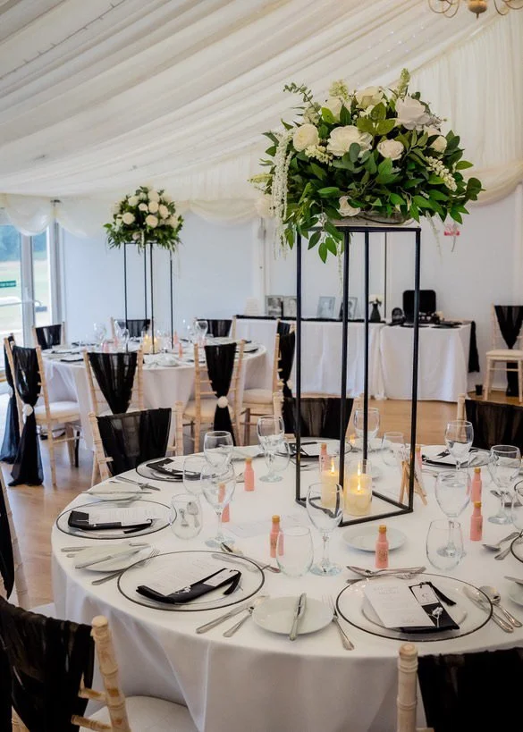 Tall Grace wedding centrepiece with white roses and greenery, hire Buckinghamshire & Oxfordshire.