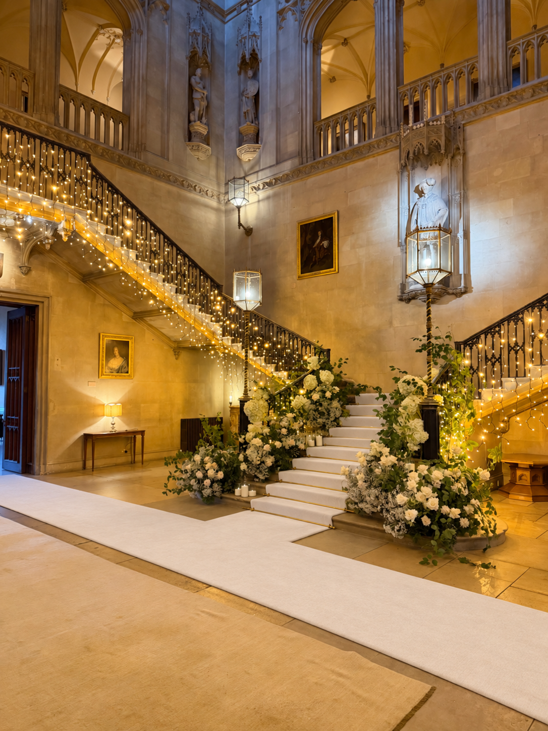 Overhead view of a white carpet runner on Ashridge House’s Grand Staircase, with brass stair rods, colourful flowers and candlelight.