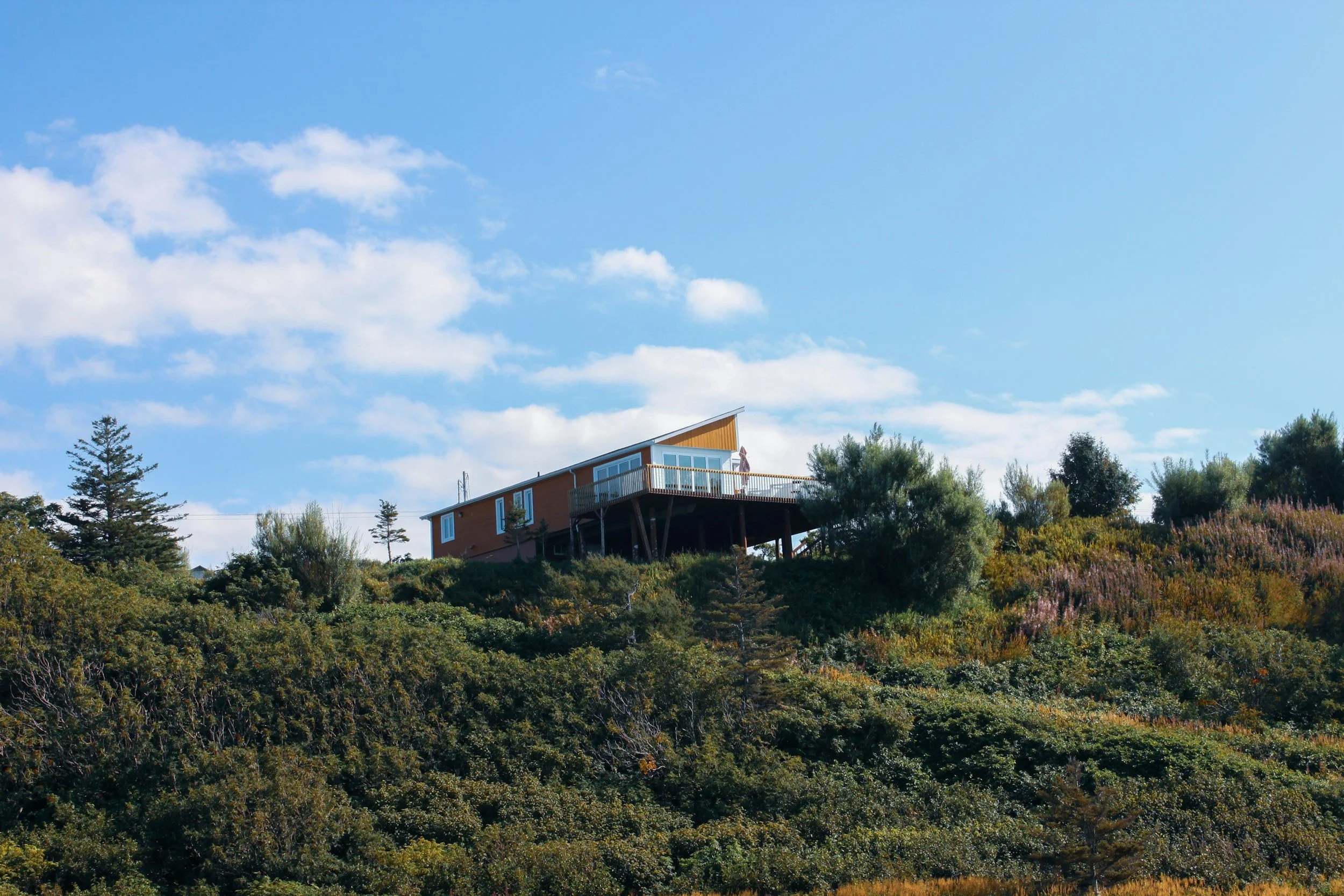 A house on a hill surrounded by trees and shrubs under a partly cloudy sky.