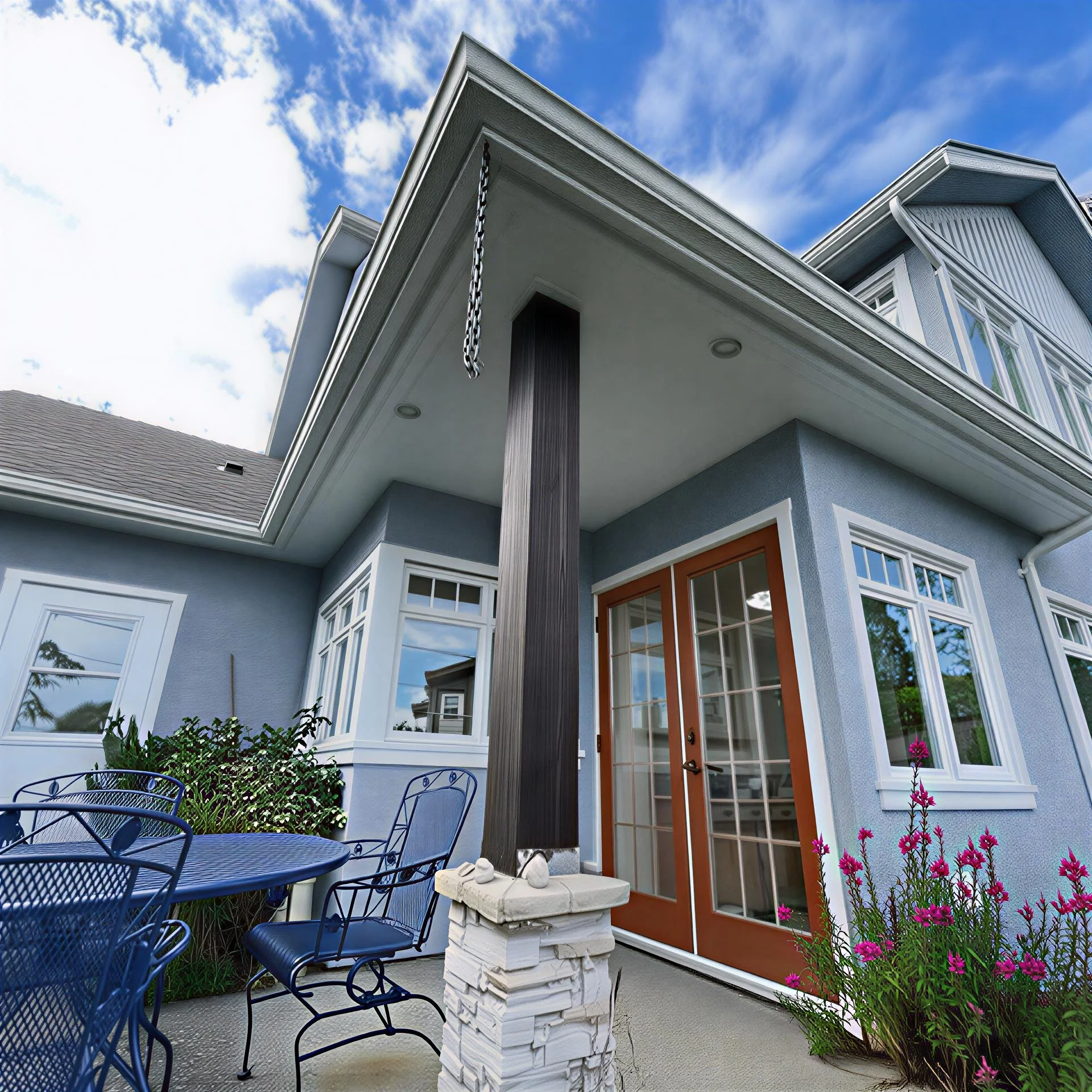 Exterior view of a blue house with a covered porch, French doors, and large windows, with a patio area featuring outdoor furniture and pink flowers.
