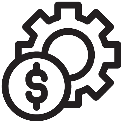 Black outline of a gear and a coin with a dollar sign, symbolizing finance or economic concepts.