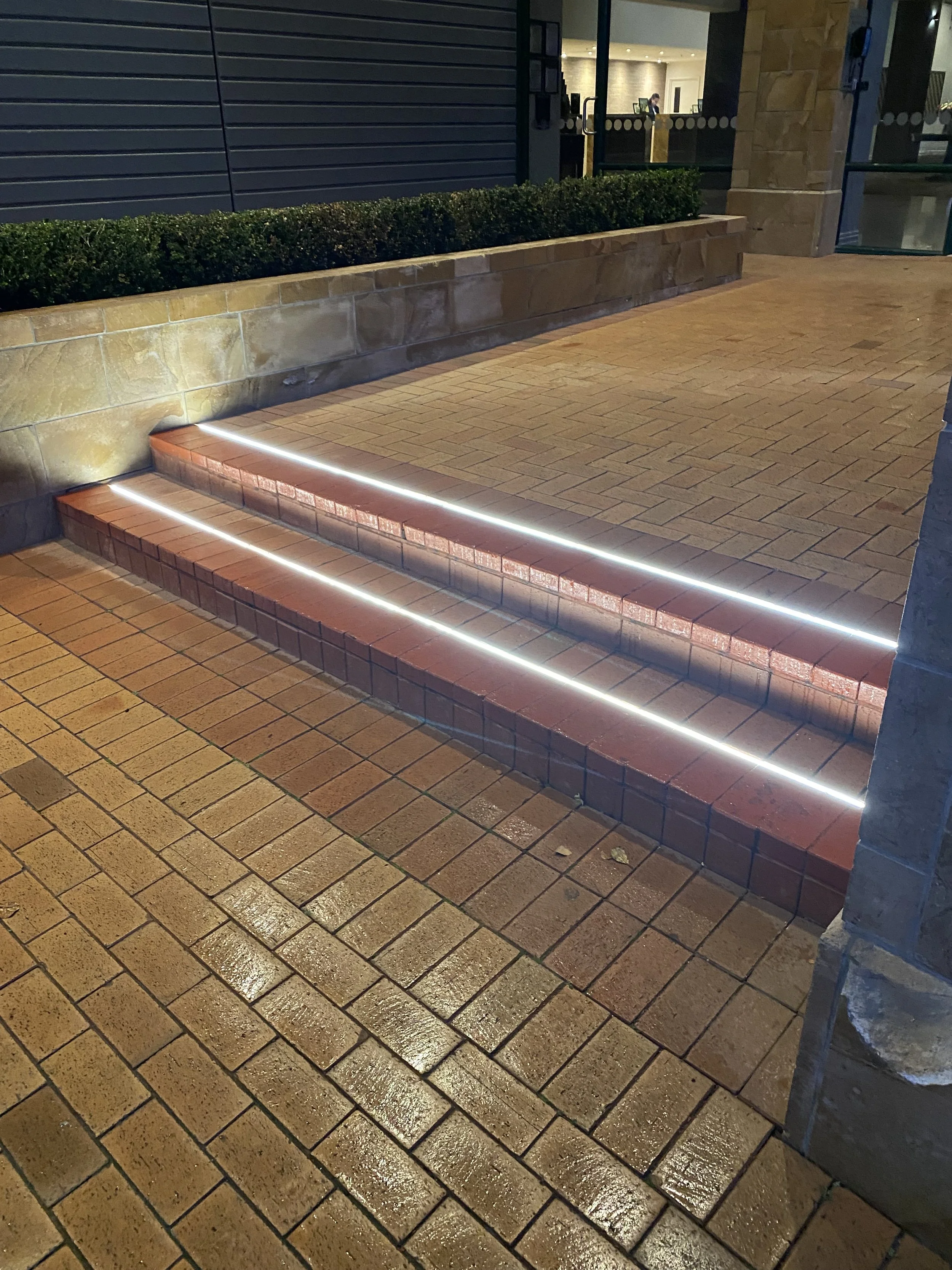 Nighttime view of a stairway with three red brick steps, illuminated by white LED lights along the edges, leading to a paved sidewalk with wet, yellowish-brown bricks. There are bushes along the wall to the left and a modern building with large glass