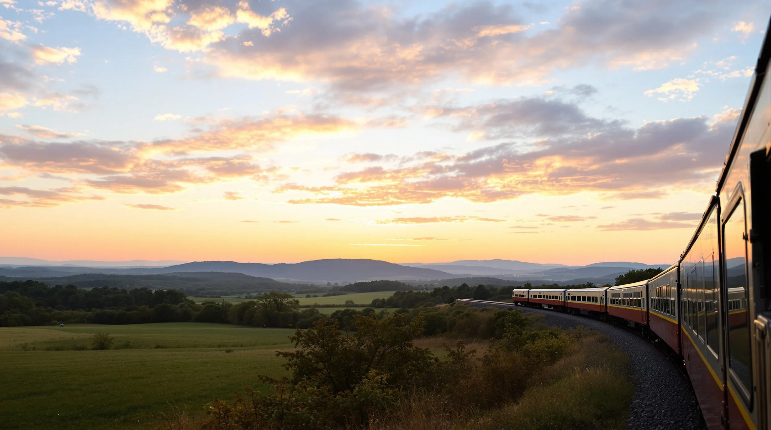 A train traveling through a scenic landscape at sunset, with rolling hills and a colorful sky with scattered clouds.